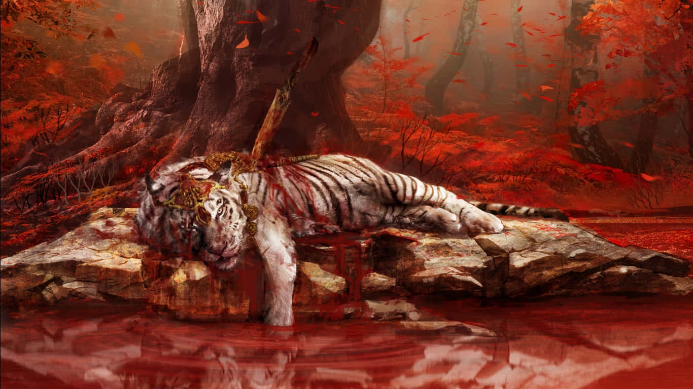1366x768 Far Cry 4 фон: кровавый умирающий тигр Обои