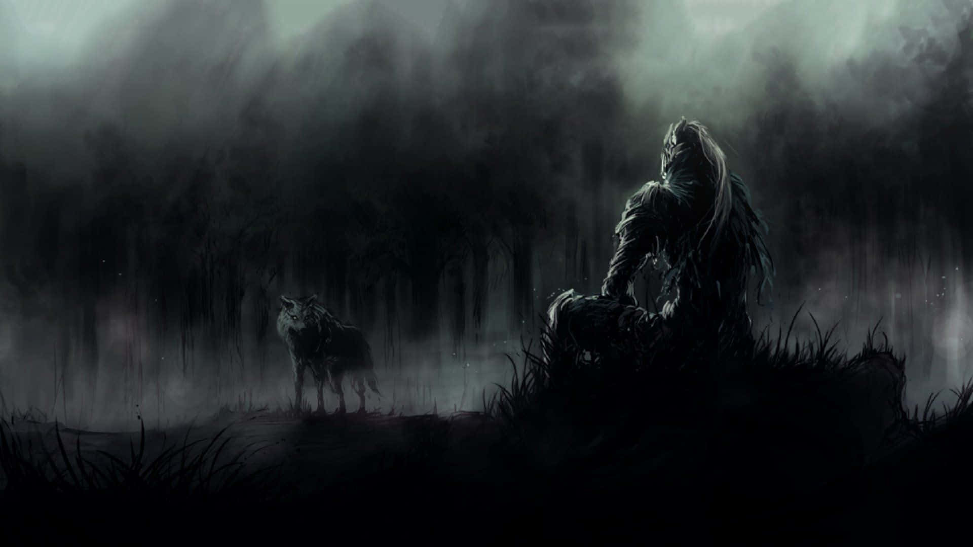 1920x1080 черный Dark Souls волк и человек Обои