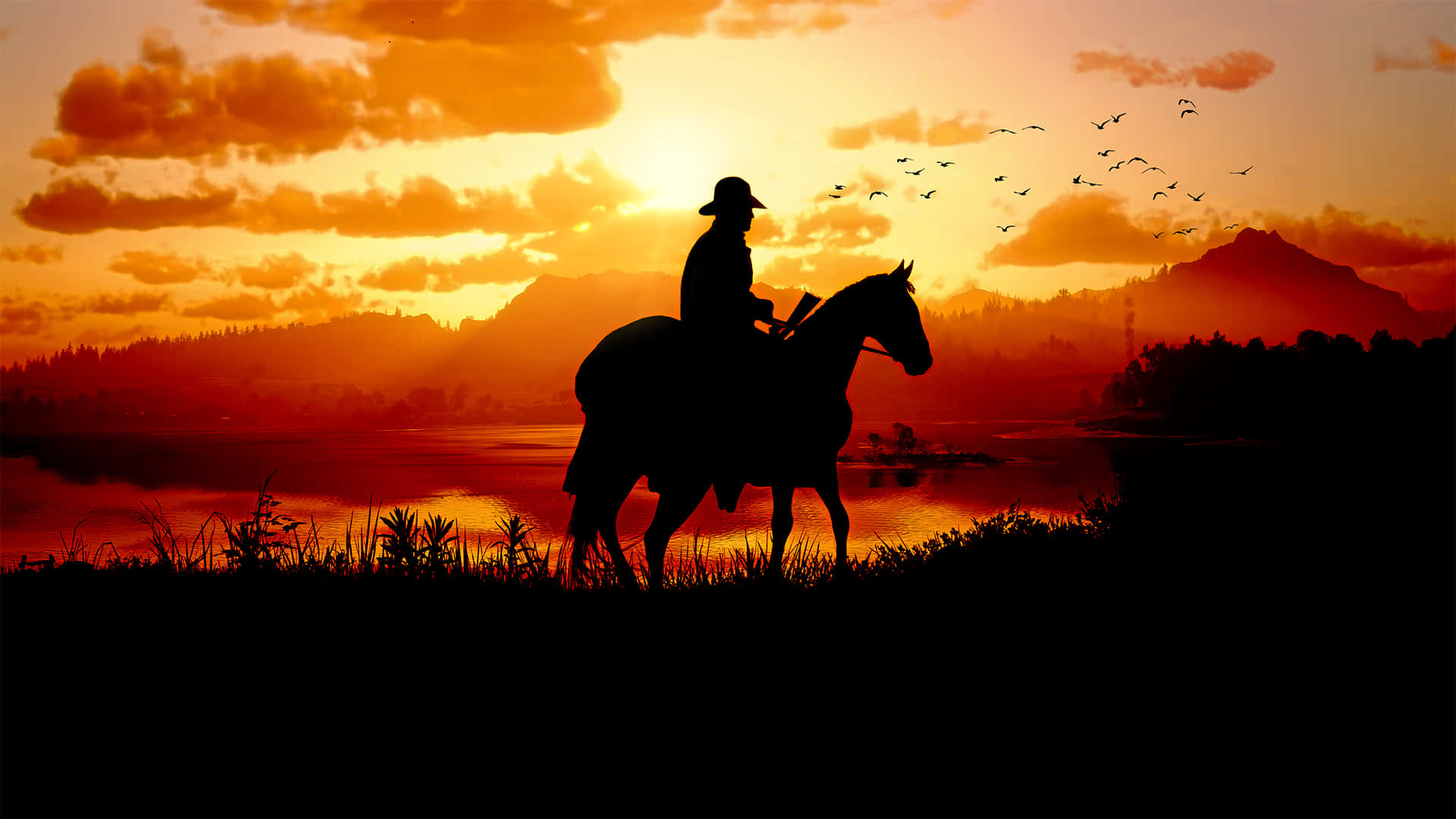 Шериф на лошади на закате 1920x1080 Red Dead Redemption 2 фон Обои