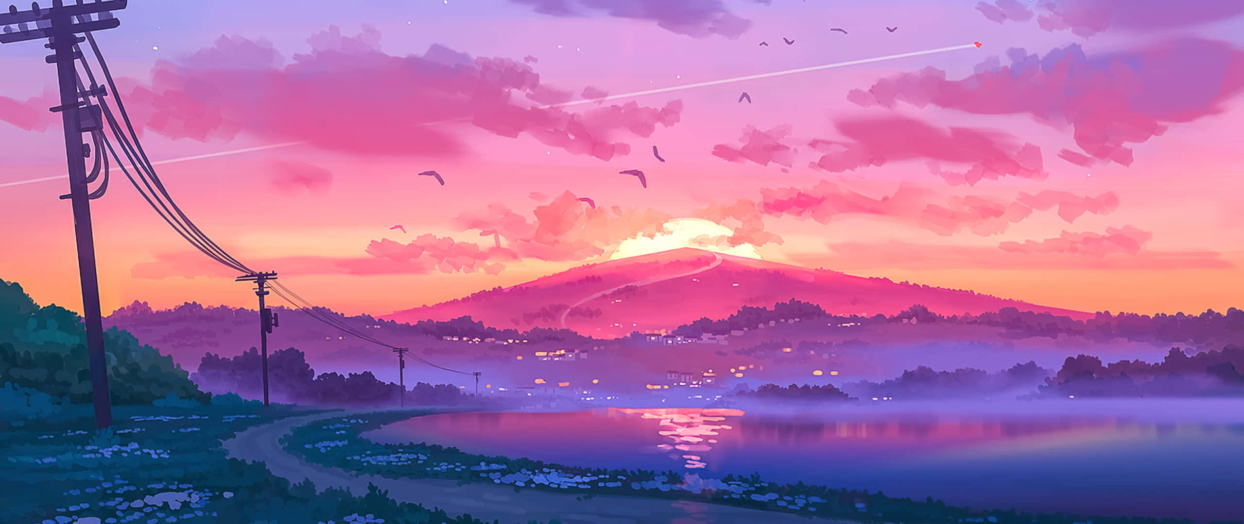Аниме закат эстетика арт 2560x1080 Обои