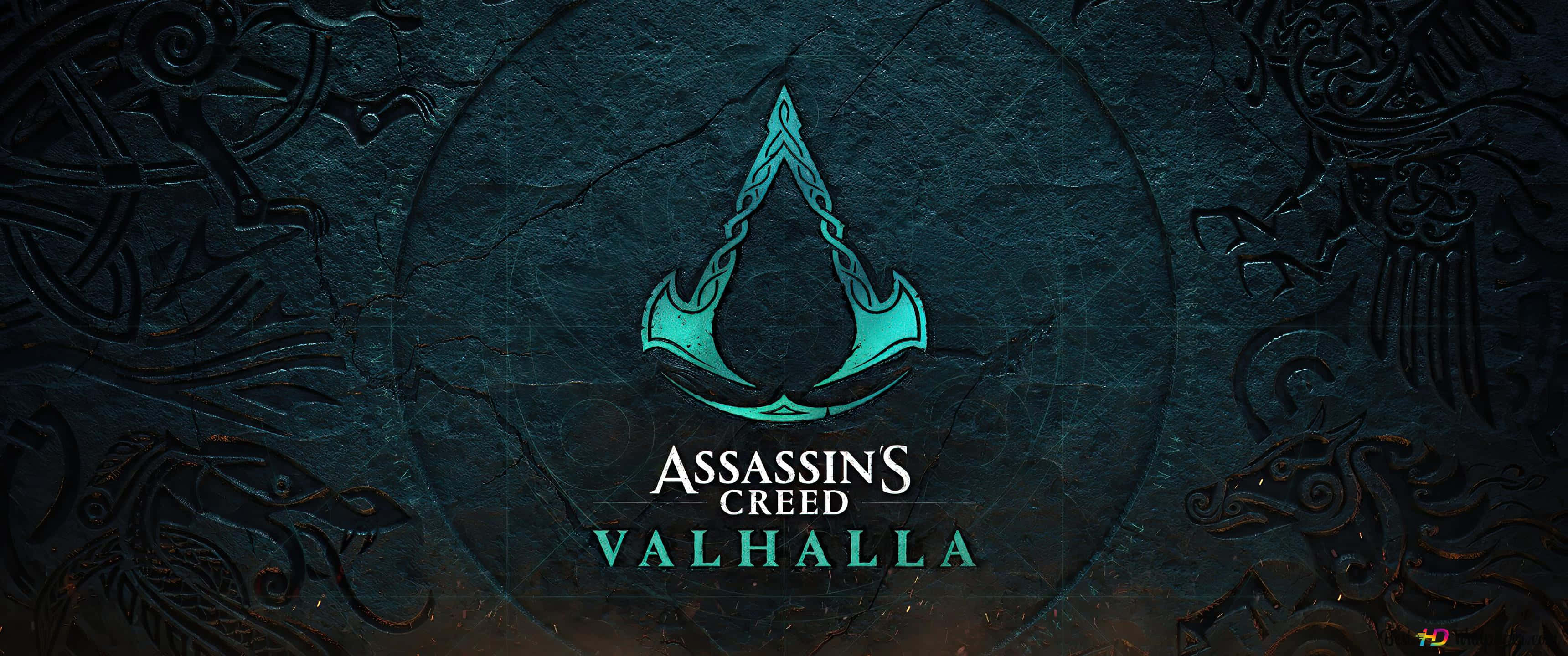 3440x1440p Assassin's Creed Odyssey фон Зеленый логотип Assassins' Creed Valhalla Обои