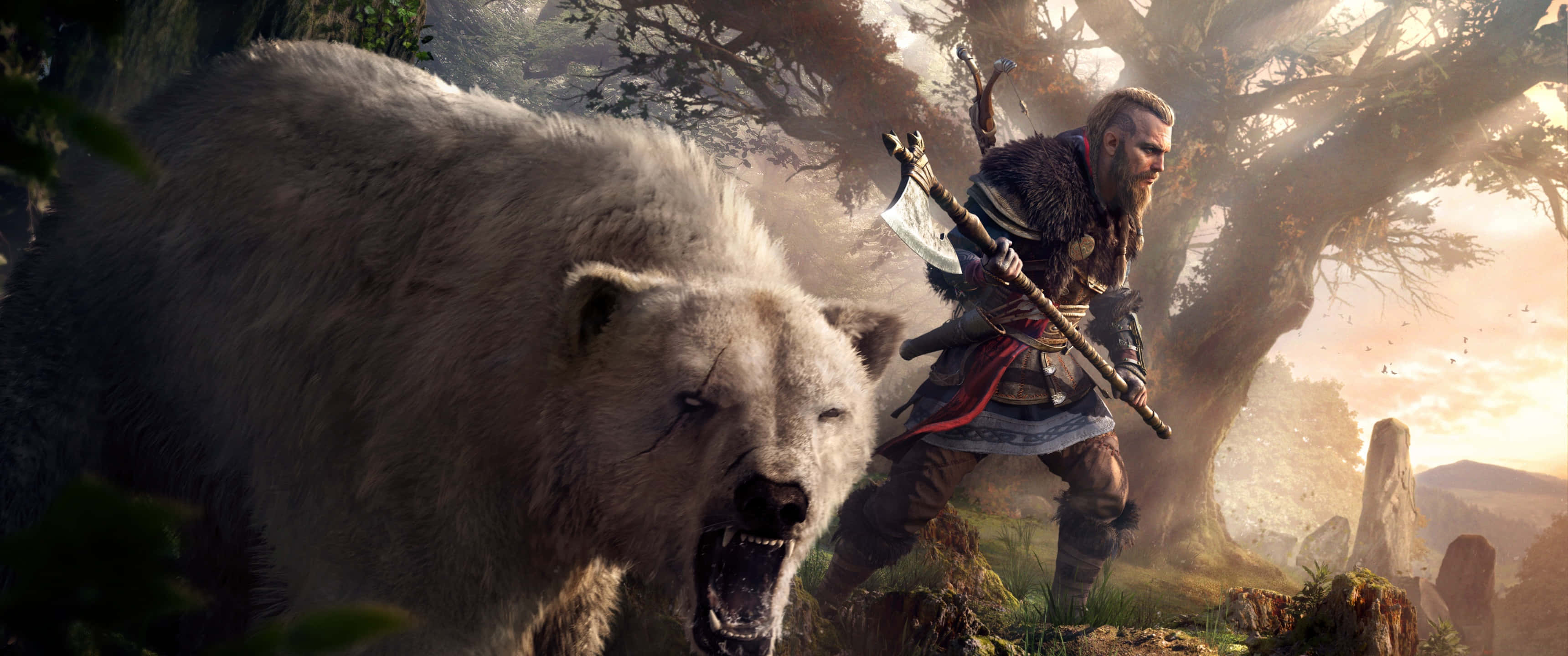 3440x1440p Assassin's Creed Odyssey Воин и белый медведь Обои