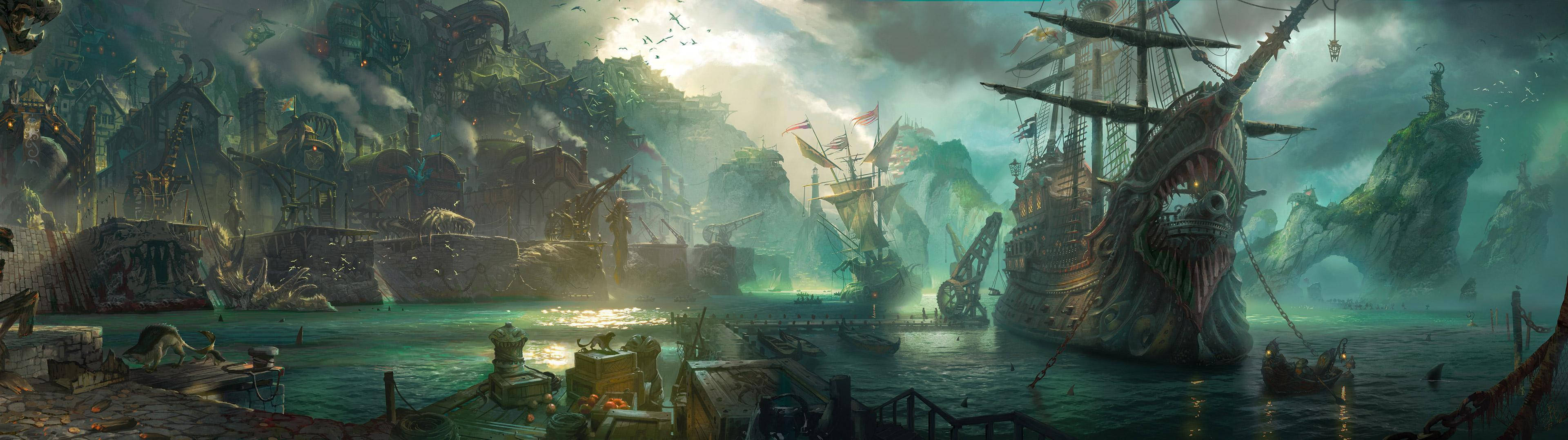 3840x1080 HD Двойной монитор Пиратские корабли Обои