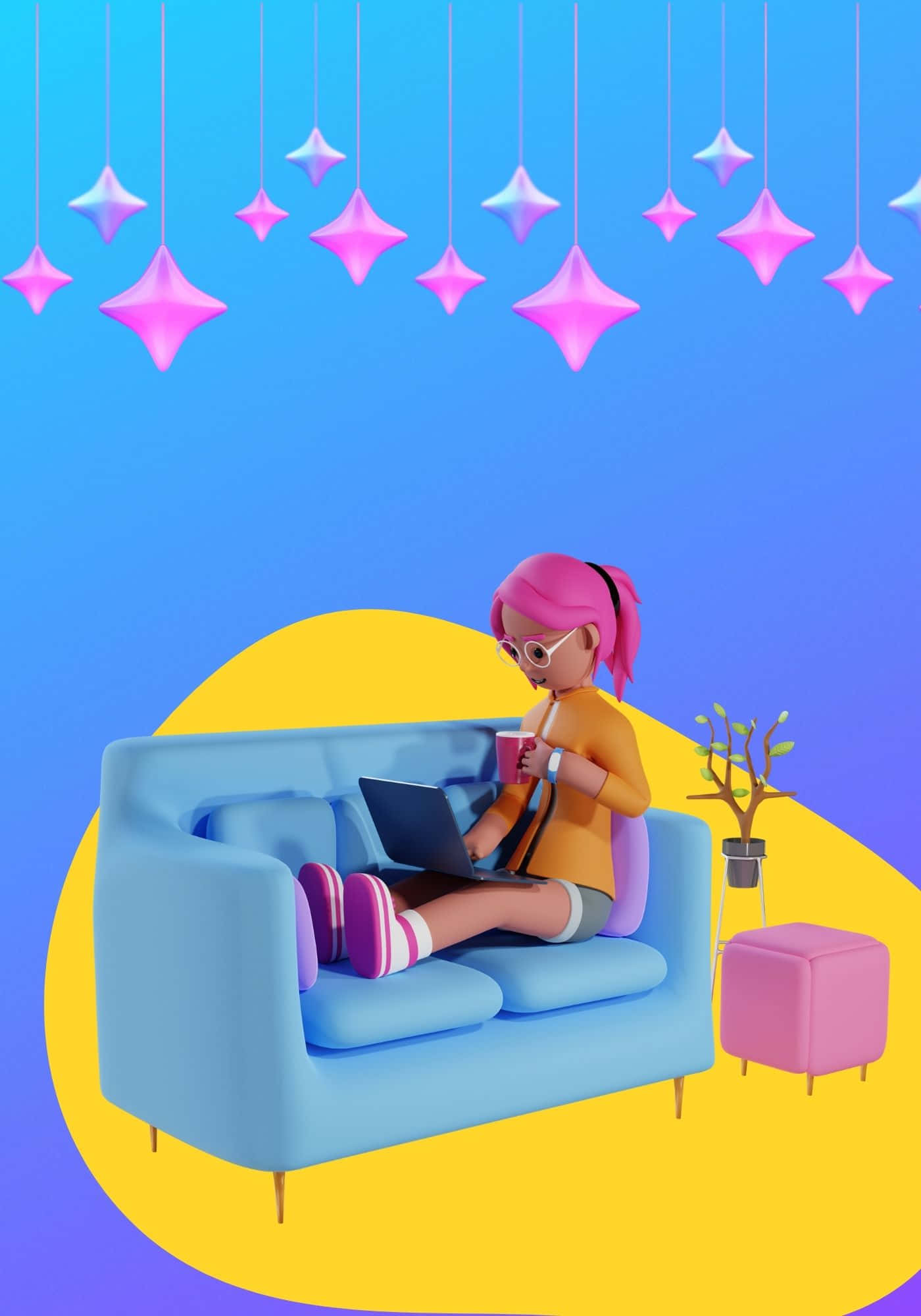 Крутая 3D девушка на синем фоне дивана Обои