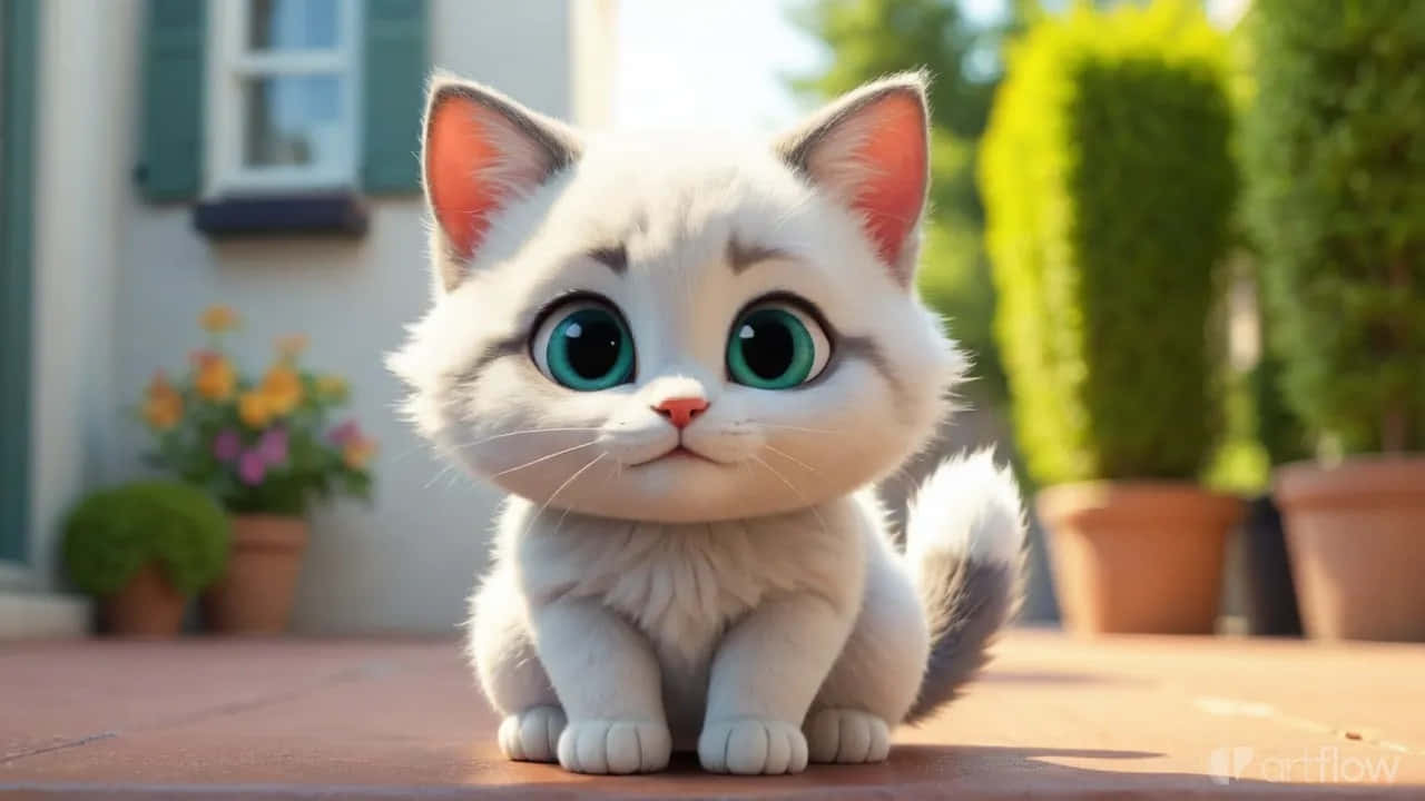 Милый котенок с большими глазами на улице – очаровательный кот в 3D стиле Обои