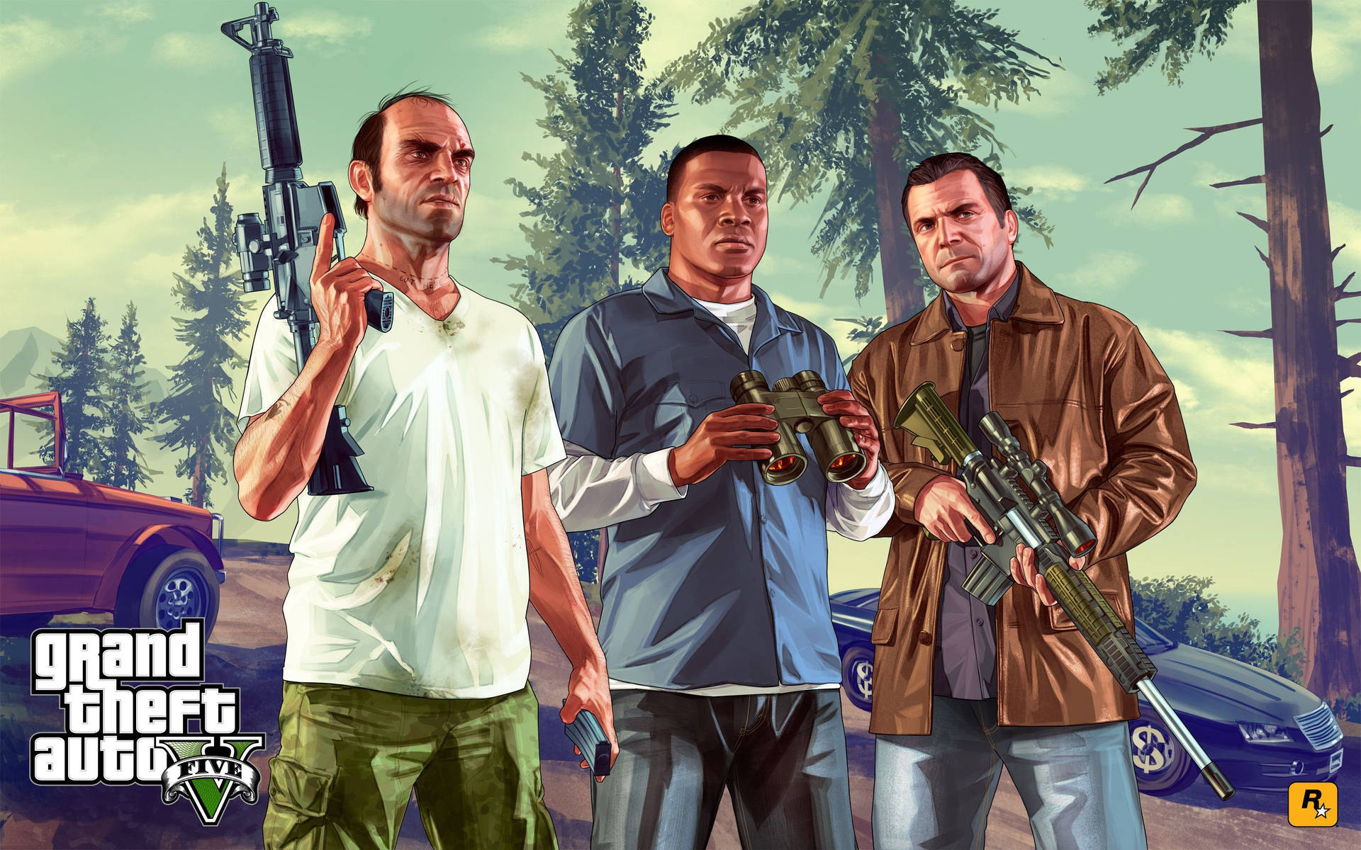 4K GTA 5 Тревор Франклин Майкл с оружием Обои