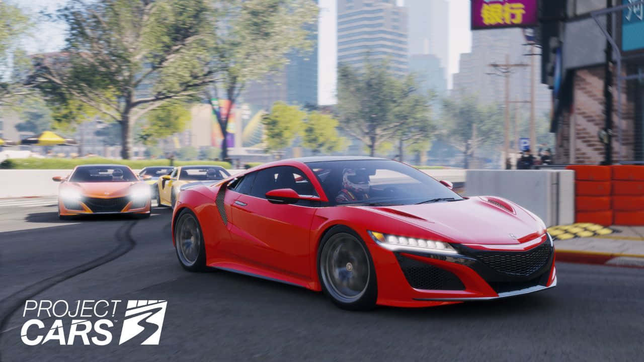 Красный автомобиль среди деревьев 720p фон Project Cars Обои