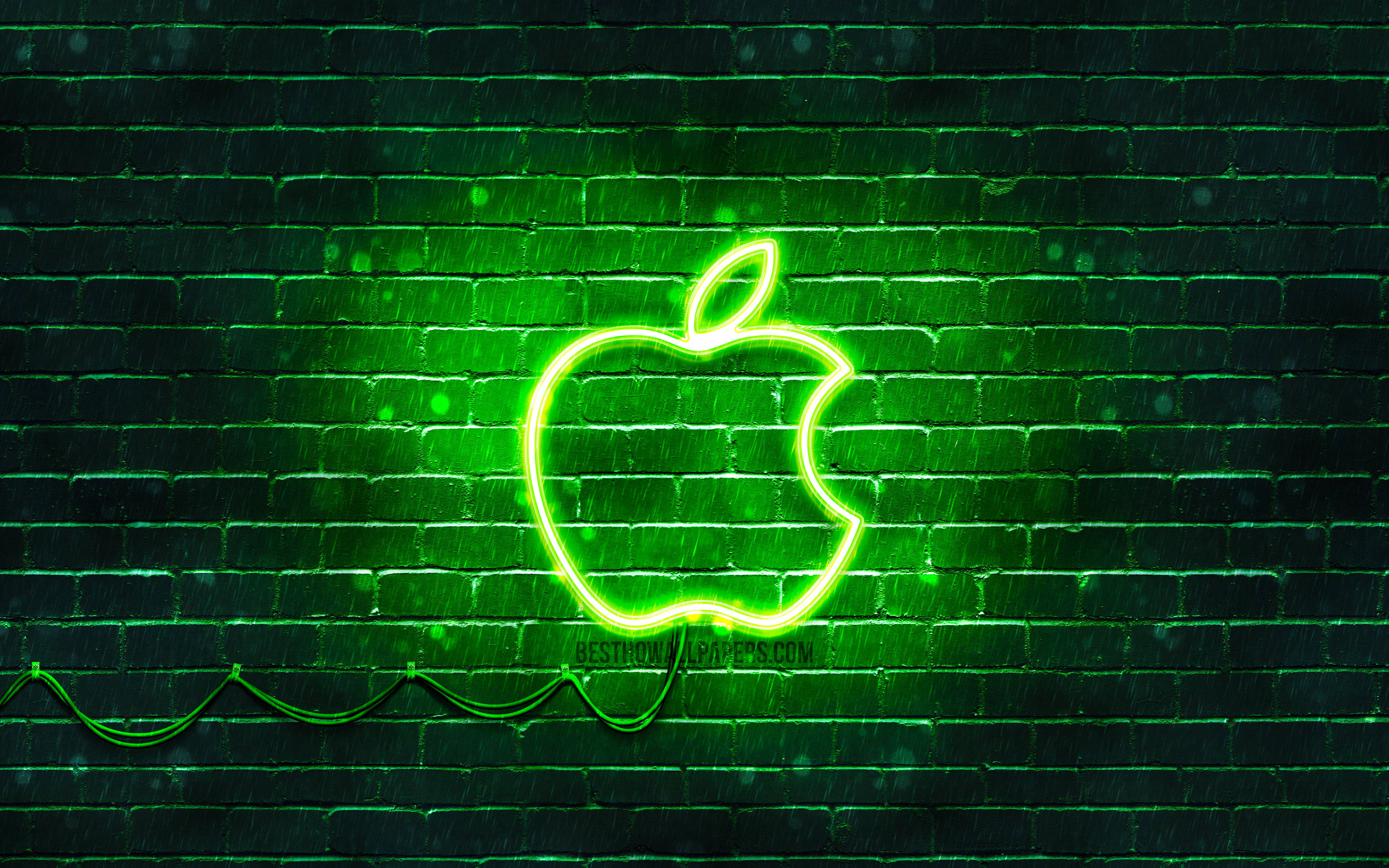 Кирпичная стена с неоново-зеленым логотипом Apple в эстетике Обои