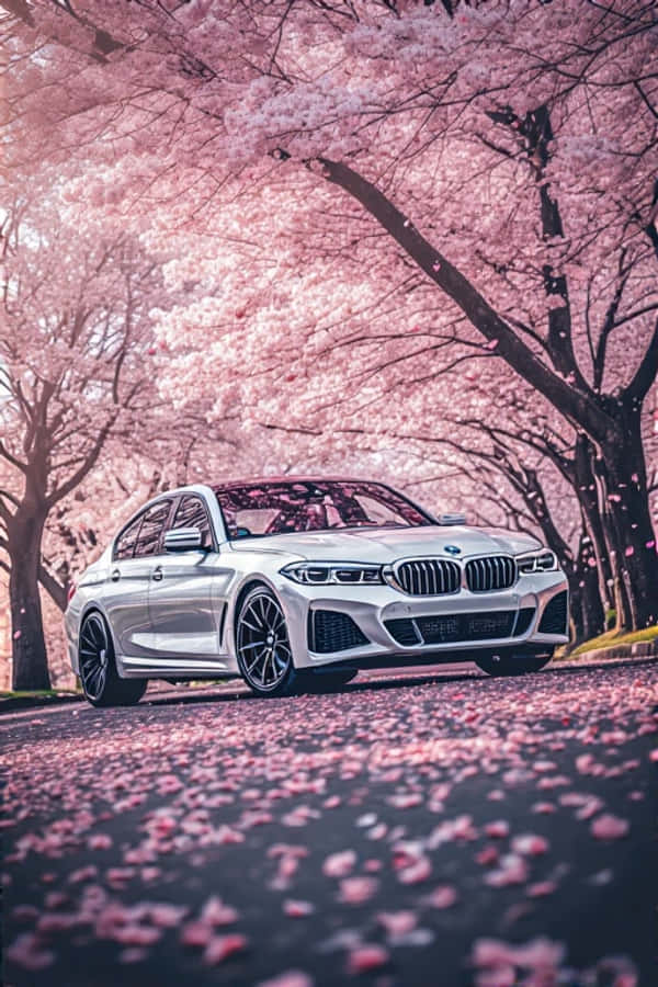 Эстетичная весна: гладкий белый BMW под цветущей сакурой Обои