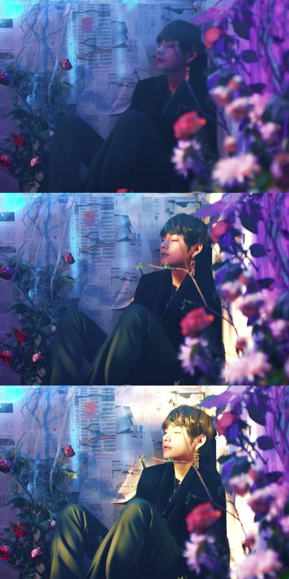 Эстетика BTS V у цветочной стены Обои