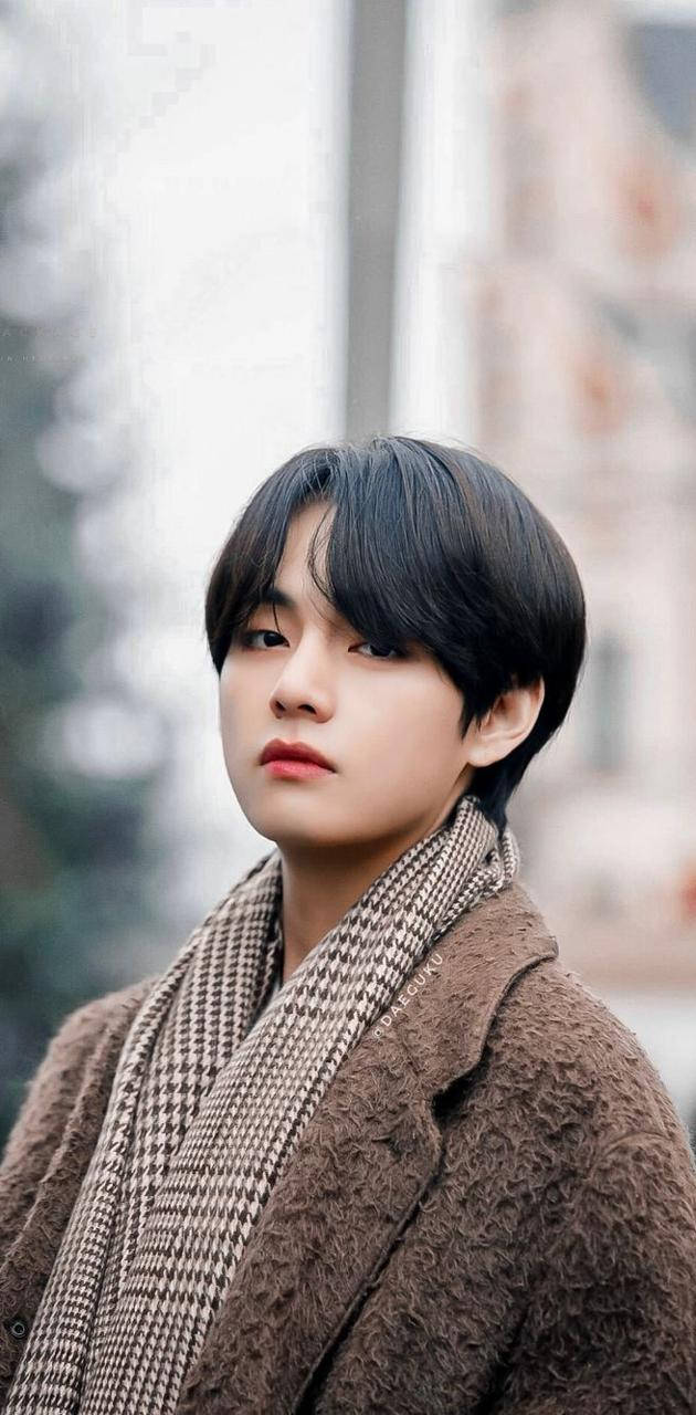 BTS V в коричневом зимнем наряде Обои