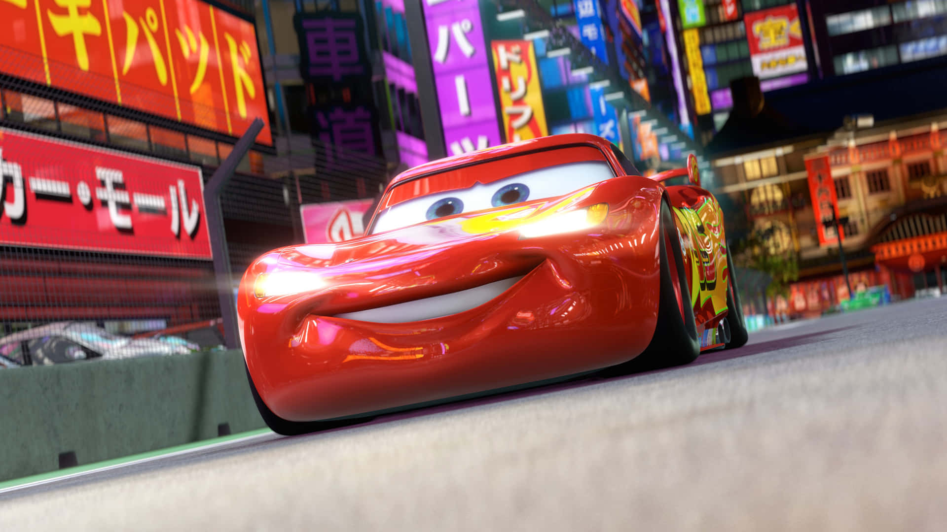 cars 3 - красная машина едет по городской улице Обои