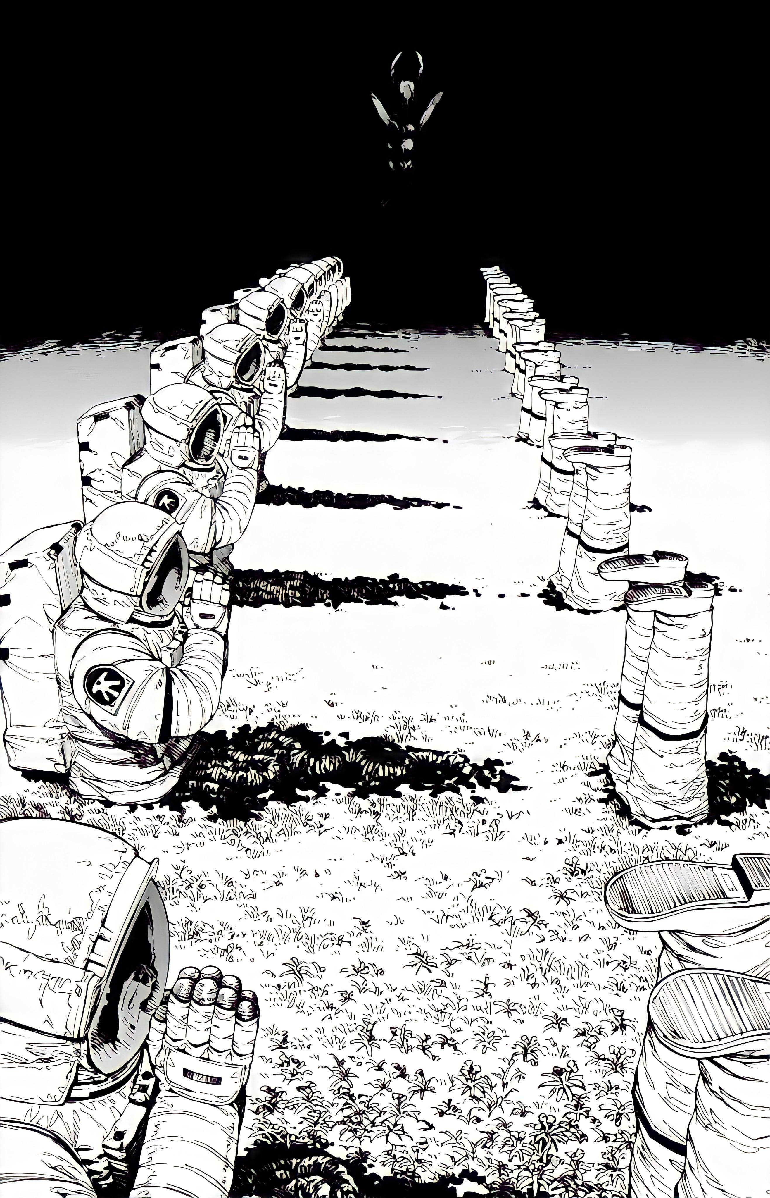 Молящиеся астронавты Chainsaw Man аниме черно-белый iPhone Обои