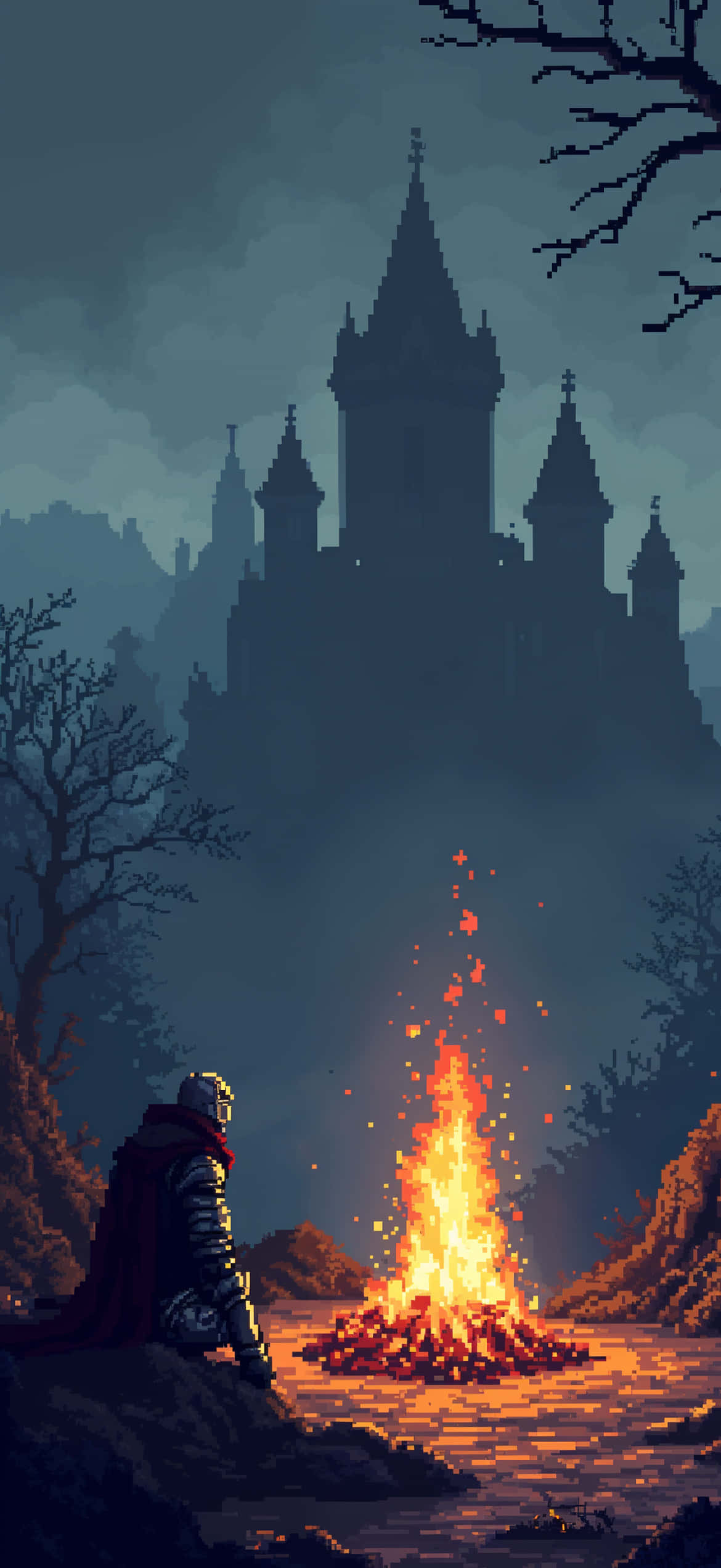 Обои в стиле пиксель-арт Dark Souls — Сцена у костра — Игровые обои