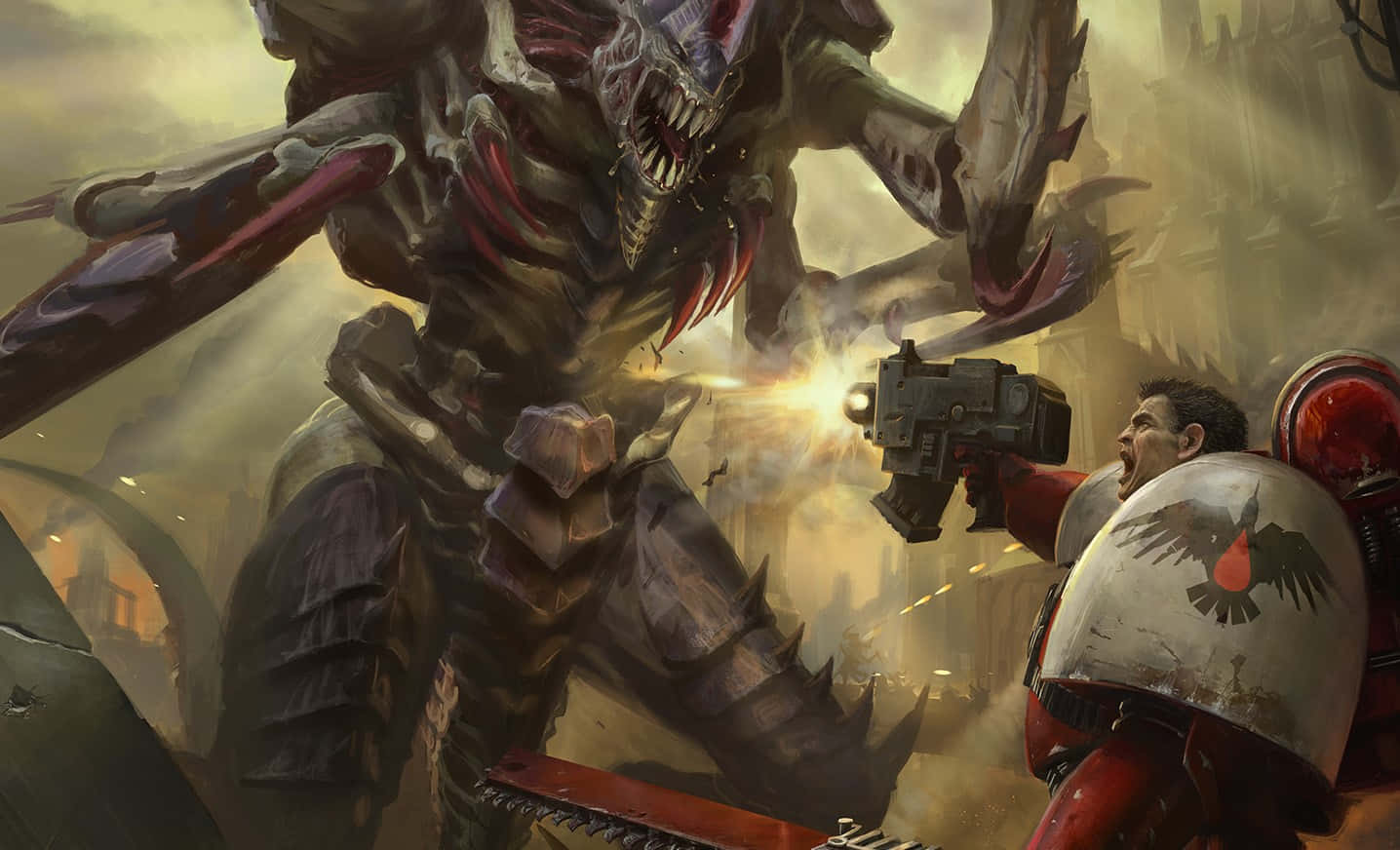 Габриэль Ангелос сражается с тиранидом на фоне Dawn of War III Обои
