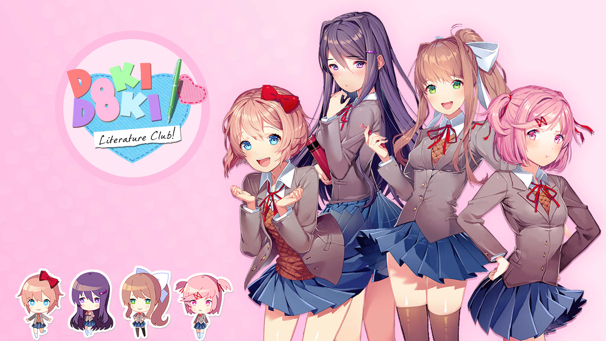 Белый фон с девочками из DDLC и логотипом Обои