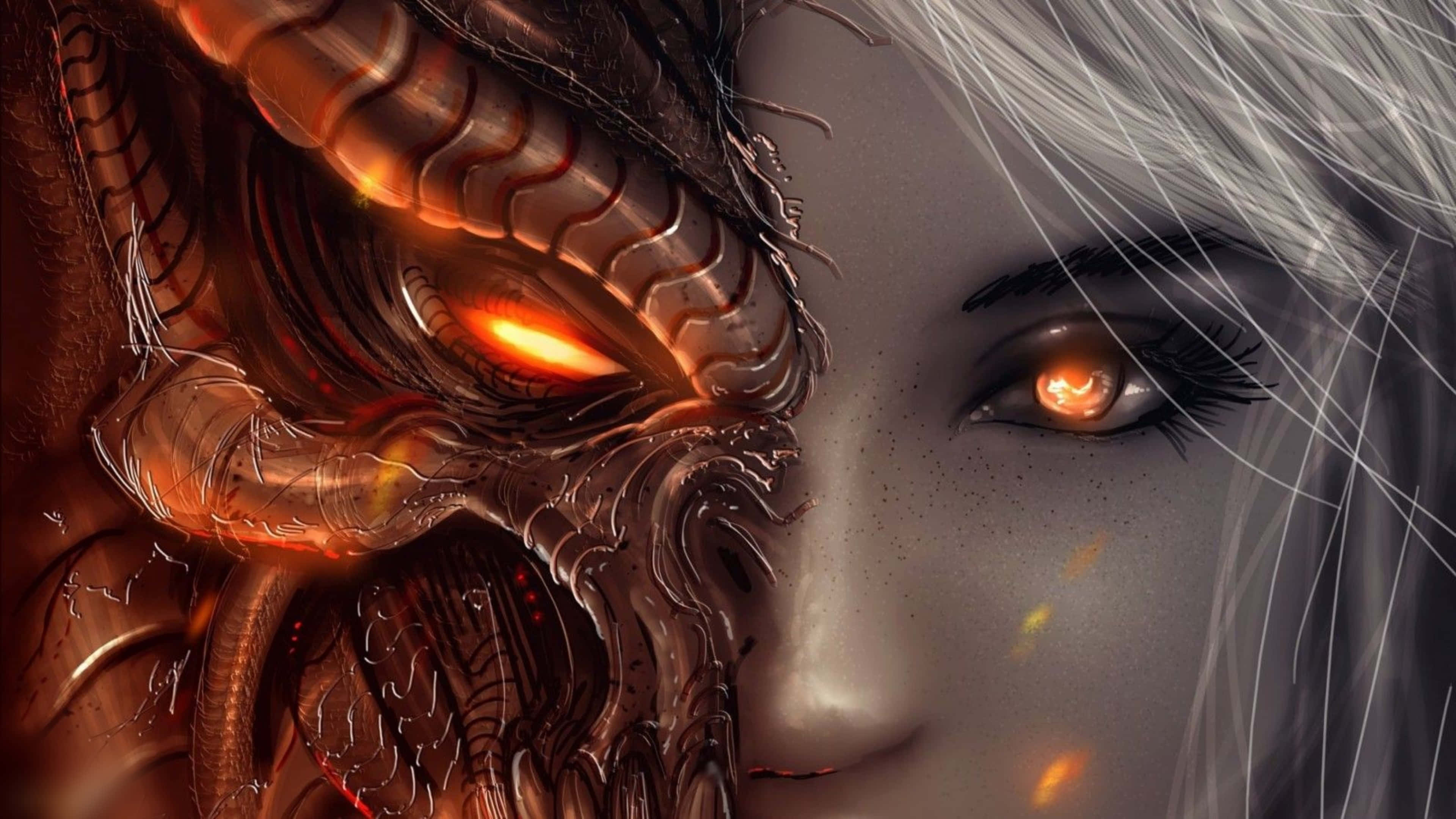 Diablo 4K Полудракон и женщина крупным планом Обои