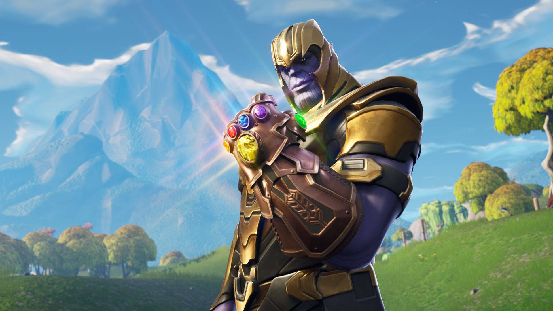 Обои HD с Танусом в Fortnite, держащим перчатку бесконечности.