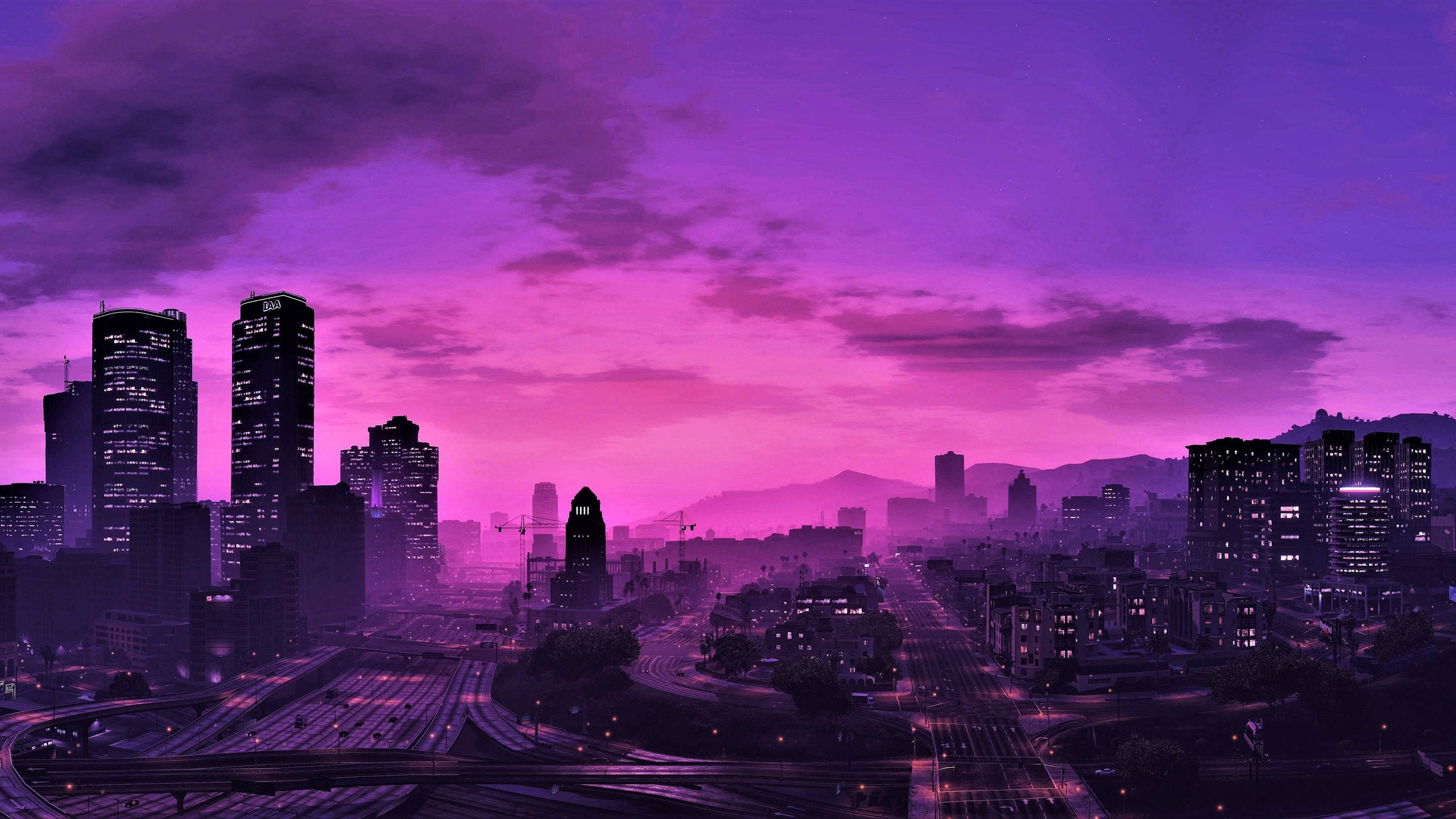 GTA 5 2560x1440 Ночное фиолетовое небо Обои