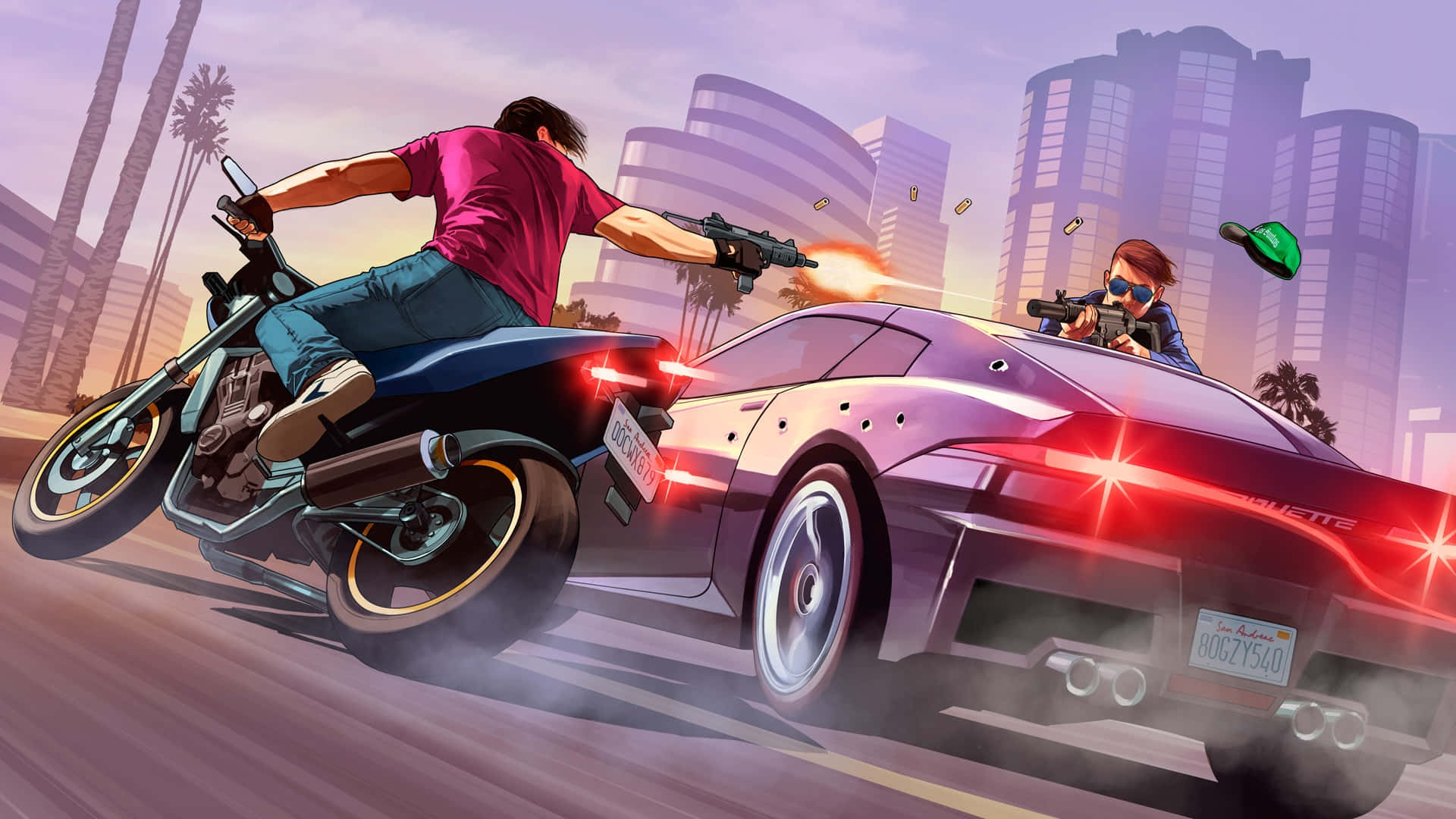 Фанарт GTA: перестрелка мотоциклиста и автомобиля Обои