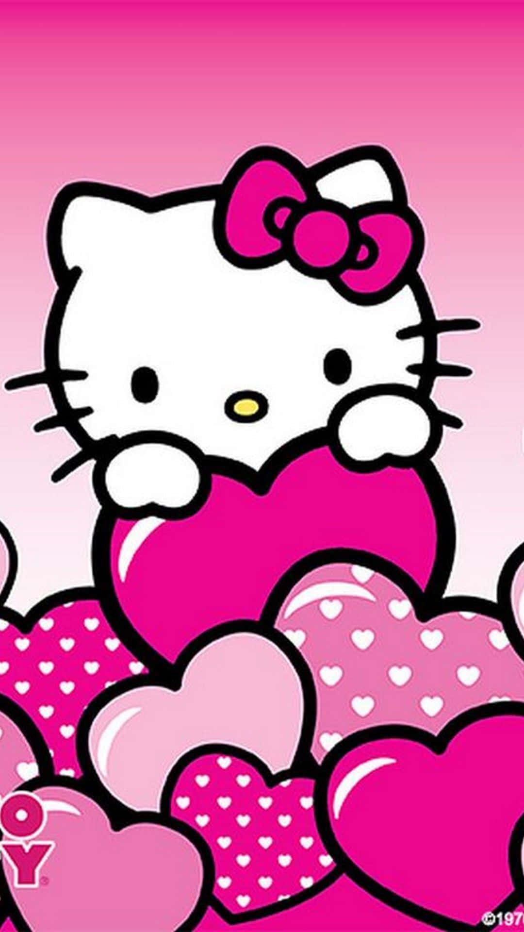 Милый розовый Hello Kitty, обнимающий сердечки Обои