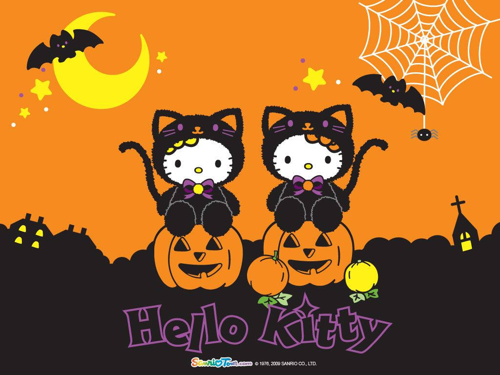 Милая Хэллоуинская пара Hello Kitty Обои