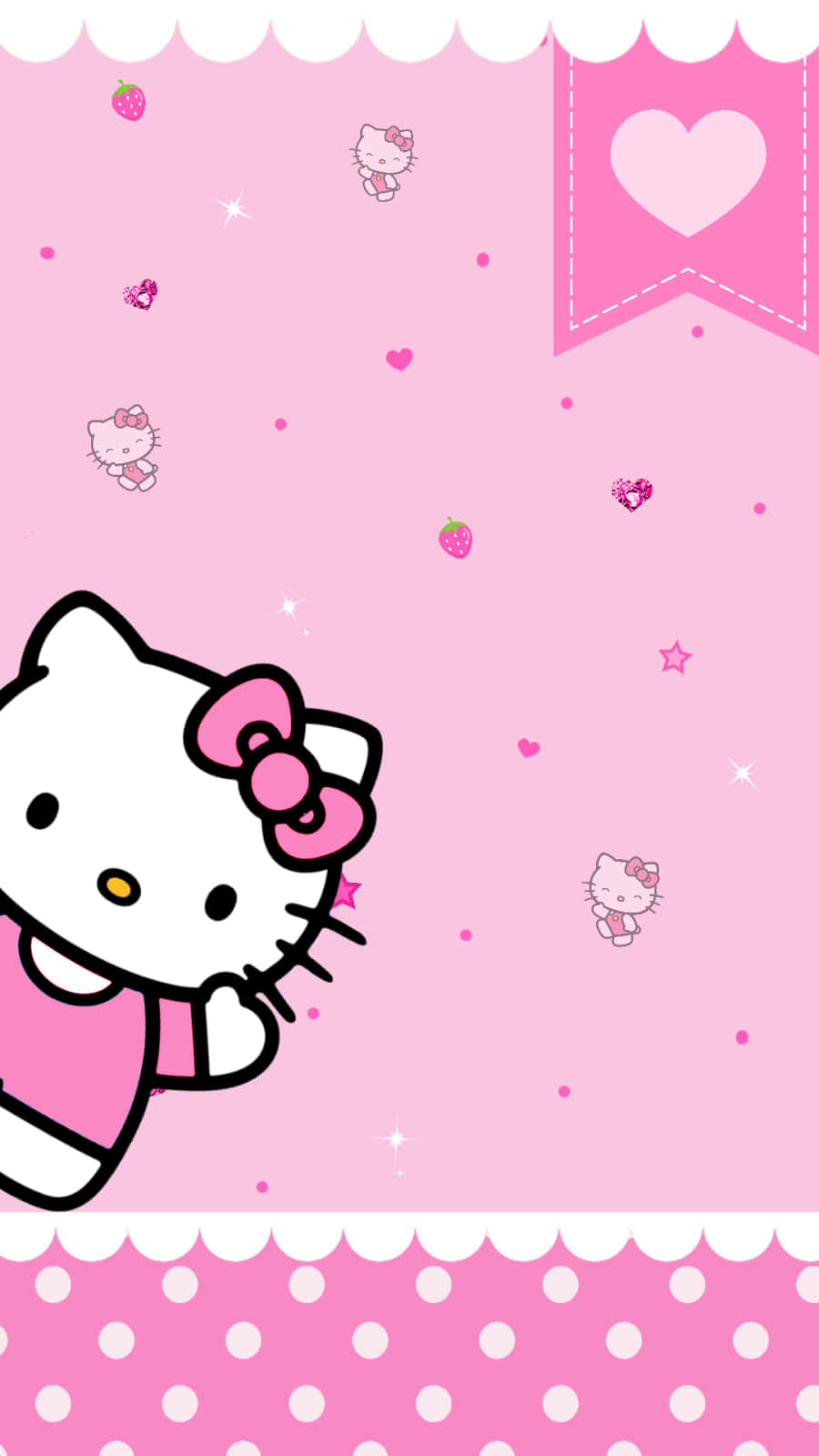 Милый розовый Hello Kitty с клубникой и сердечками Обои