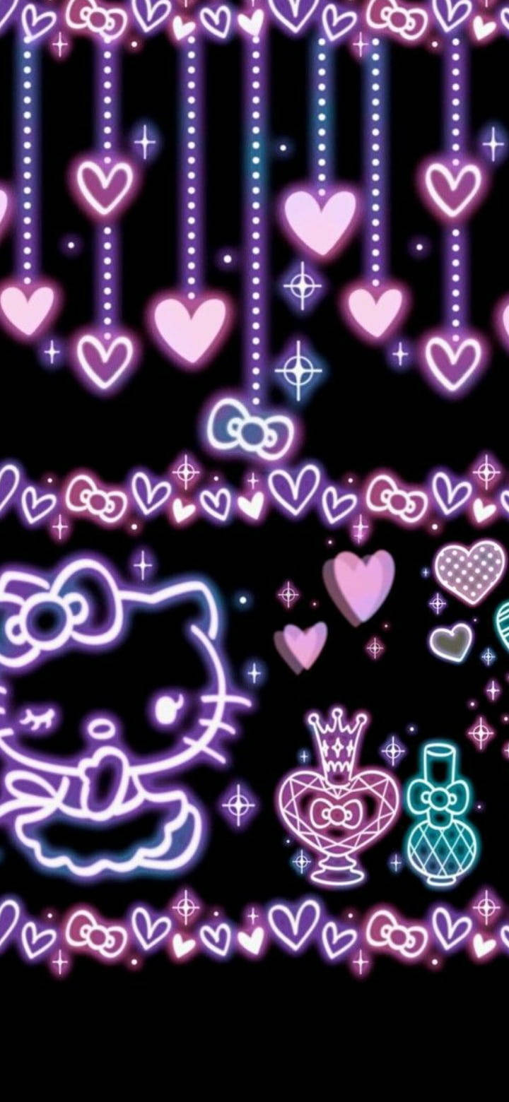 Фиолетовая неоновая Hello Kitty на черном фоне Обои