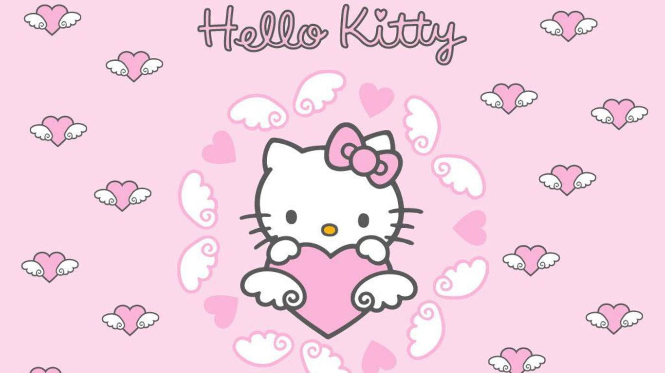 Розовое сердечко Hello Kitty с крыльями Обои