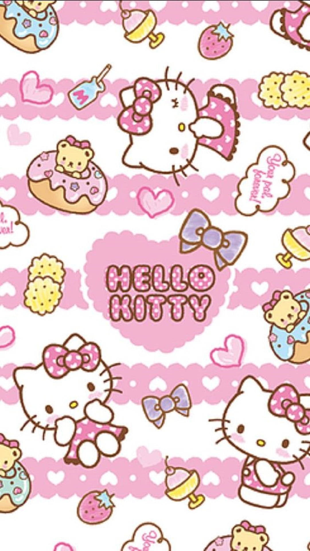 Розовая Hello Kitty с изображением еды Обои