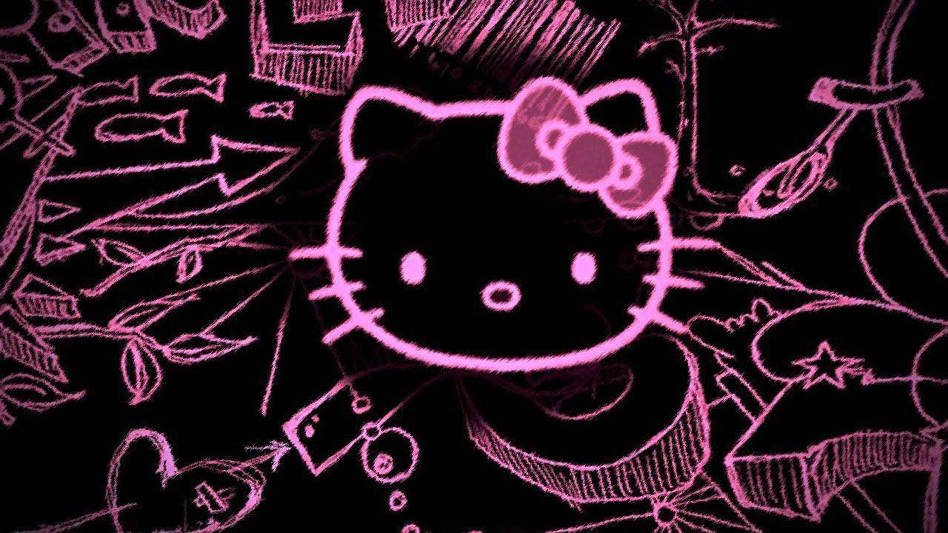 Розовый и черный рисунок Hello Kitty в стиле дудл Обои