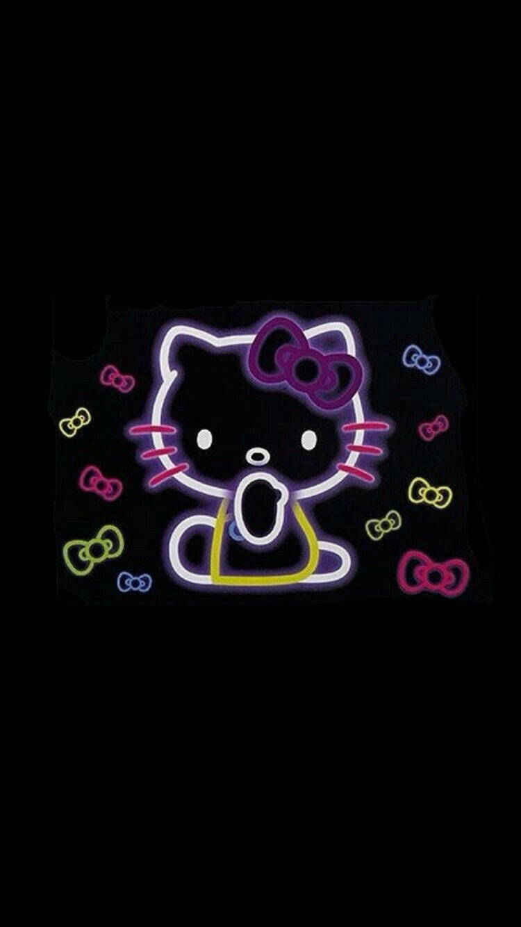 Черная неоновая Hello Kitty с лентами Обои
