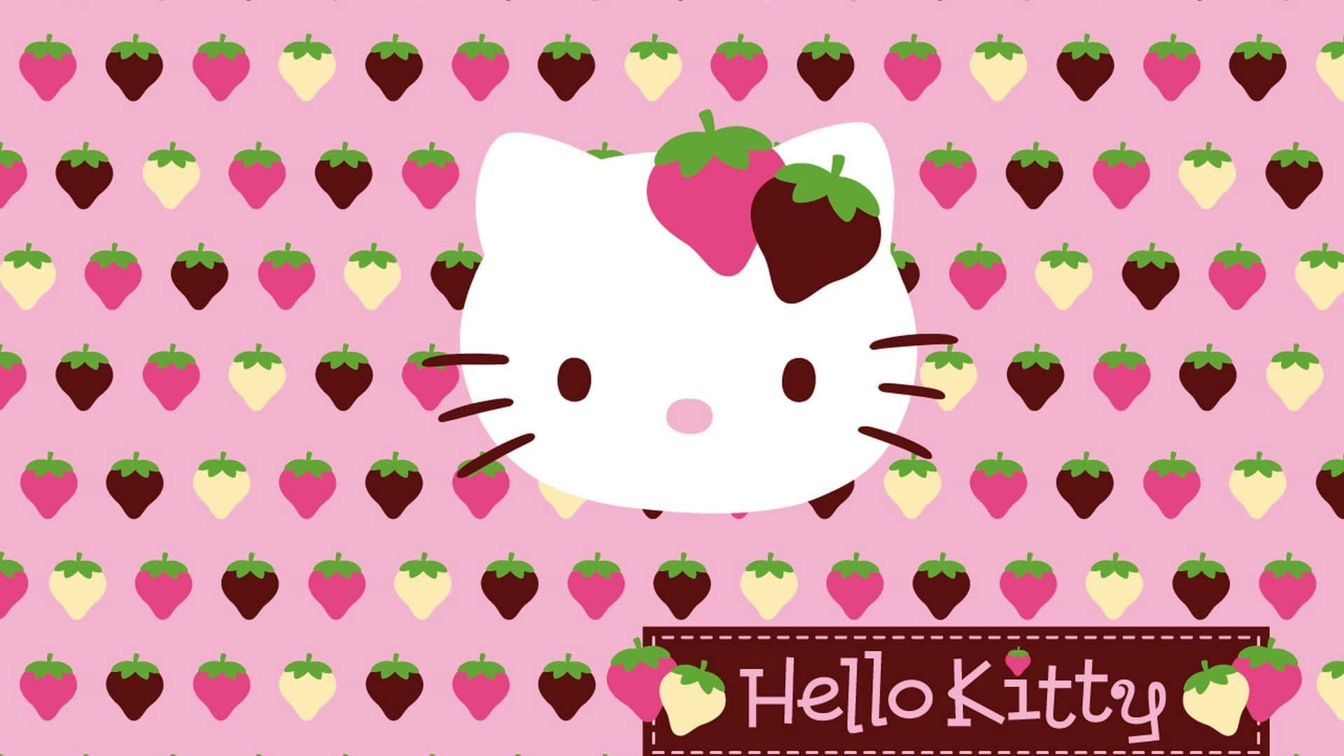 Hello Kitty на фоне узоров с клубникой Обои