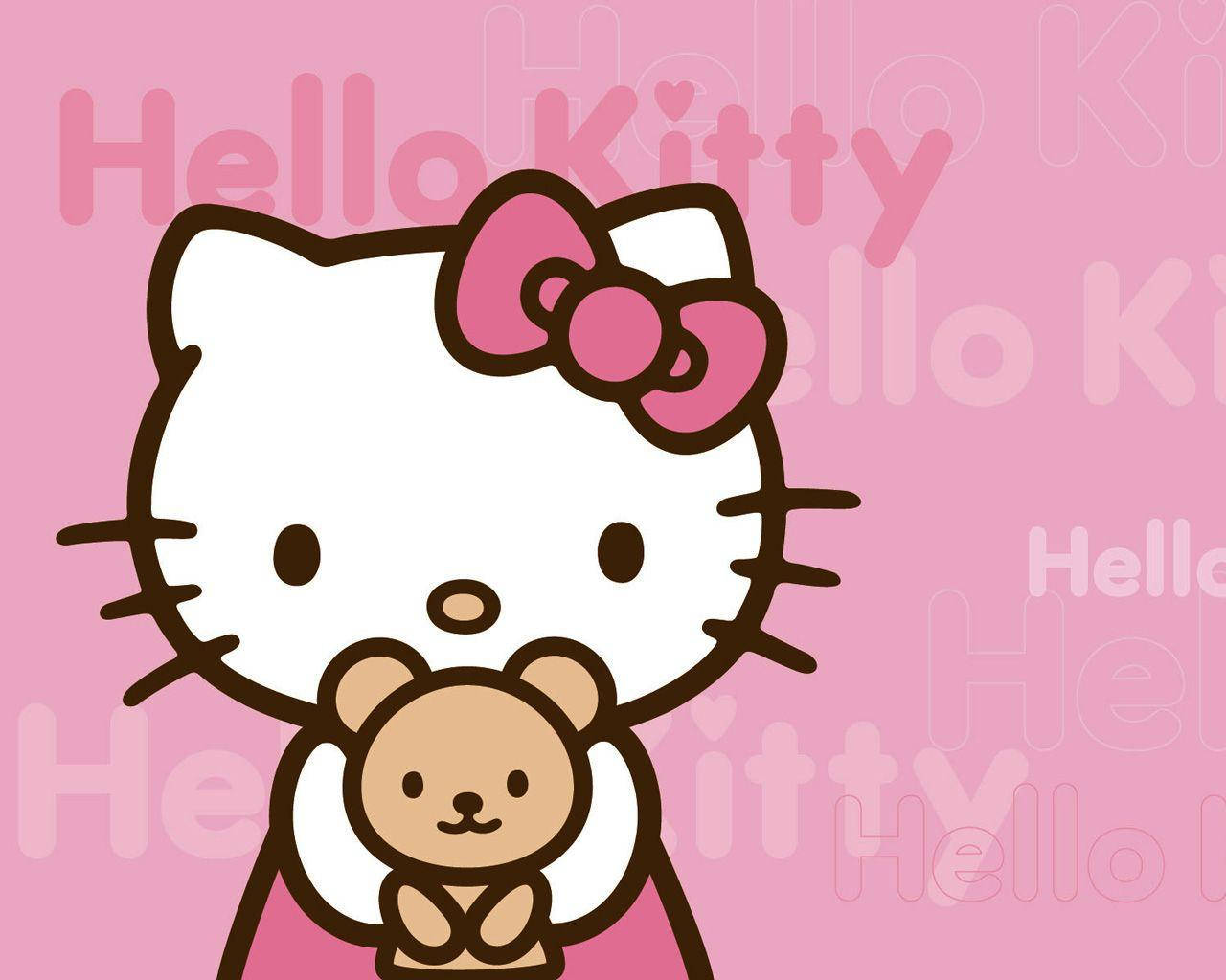 Розовая Hello Kitty с плюшевым мишкой Обои