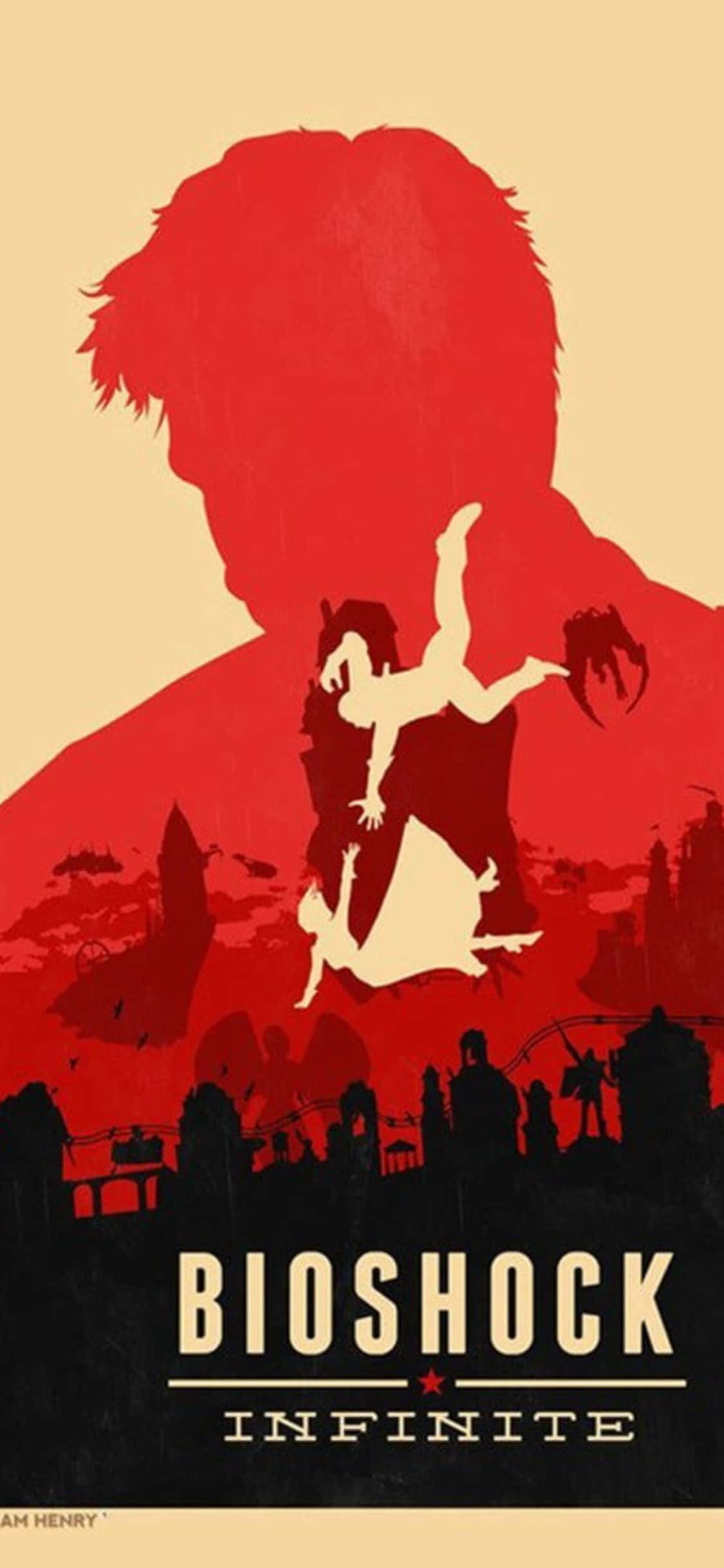Фон для iPhone X Bioshock Infinite Красный постер Букер и Элизабет падают Обои