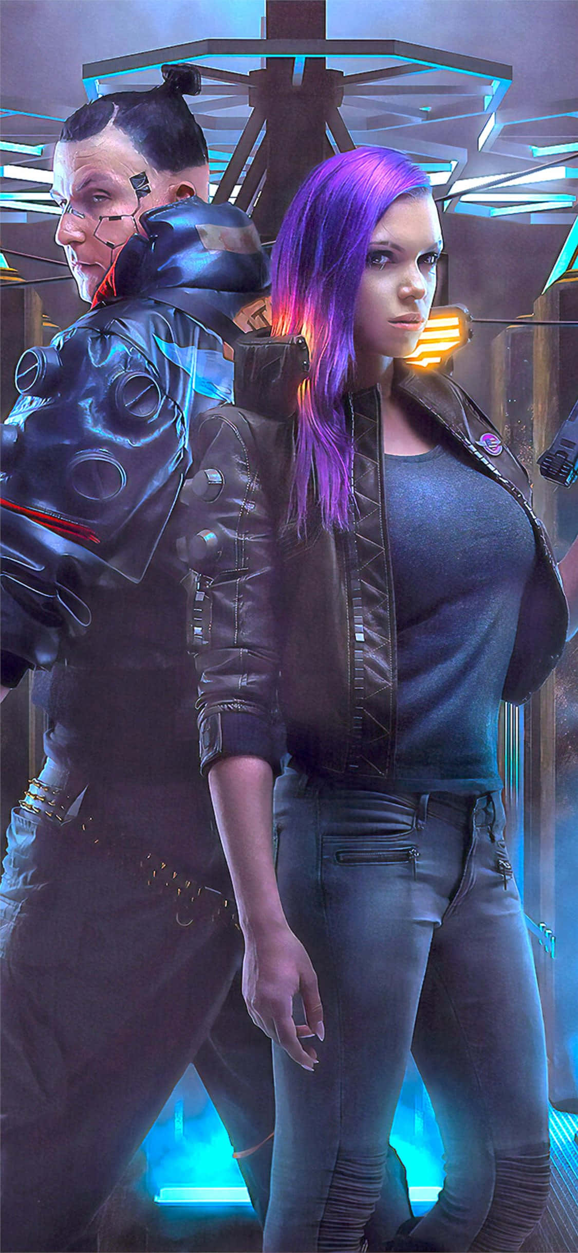 Фон для iPhone X Cyberpunk 2077 с персонажами мужчиной и женщиной Обои