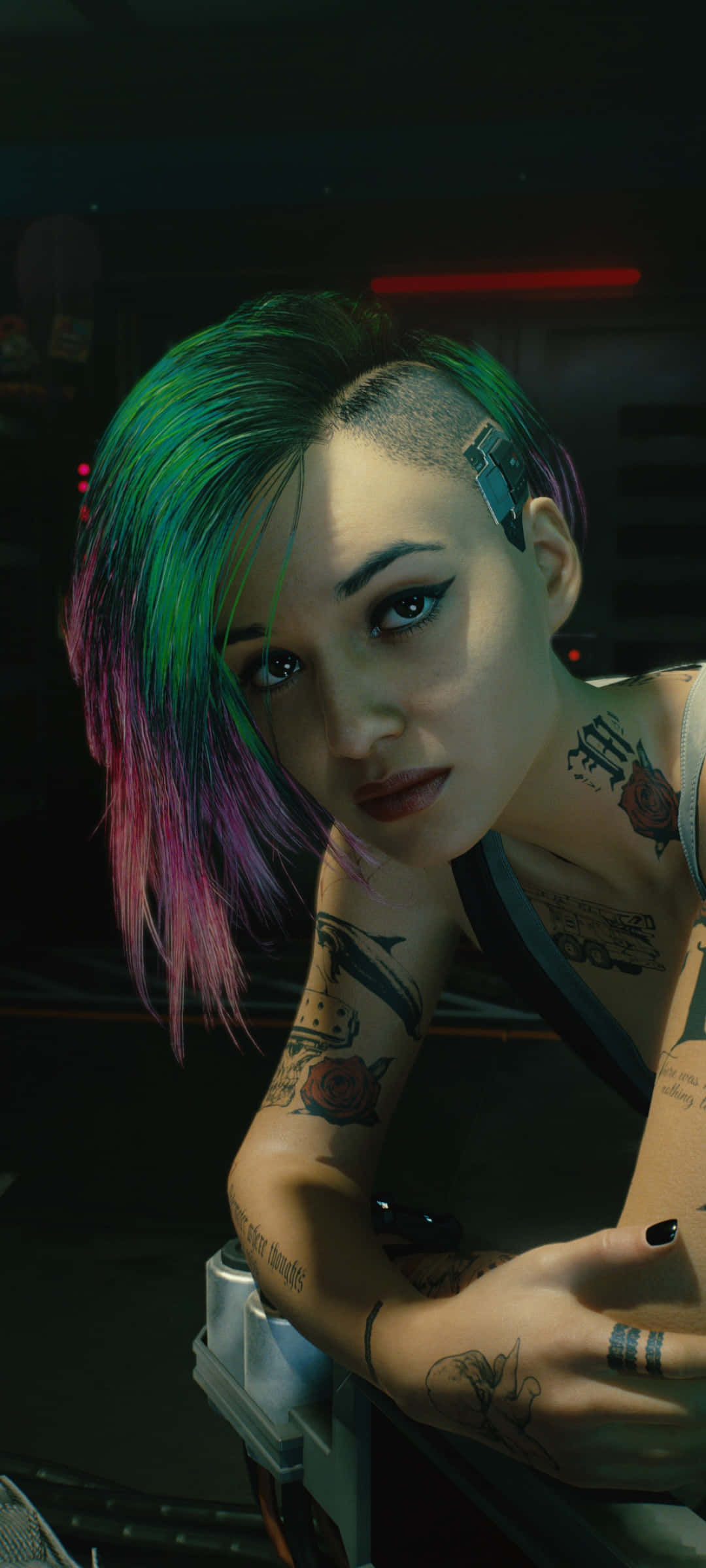 Фон для iPhone X Cyberpunk 2077 с Джуди Альварес с зелеными и фиолетовыми волосами Обои