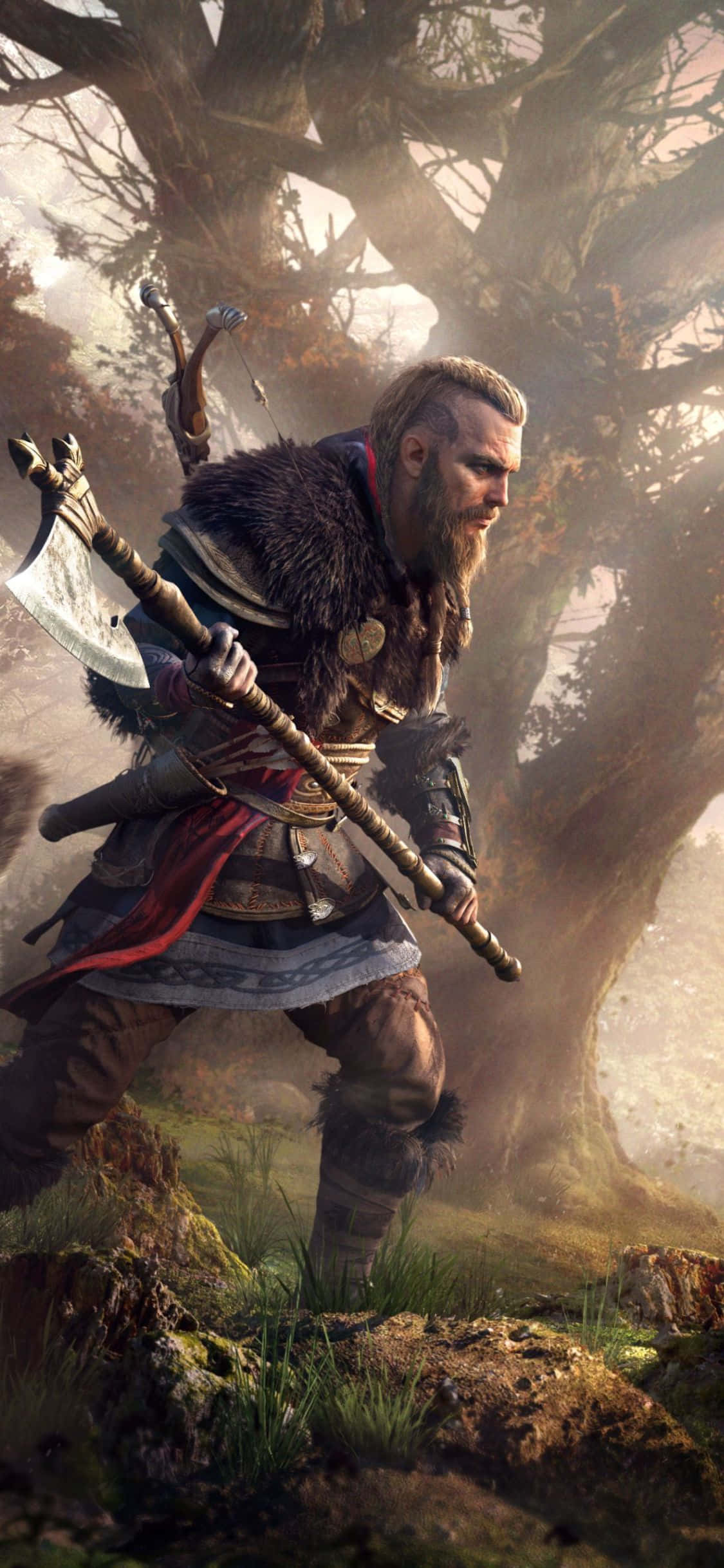 Фон для iPhone XS Assassin's Creed Valhalla с Эйвором и огромным топором Обои