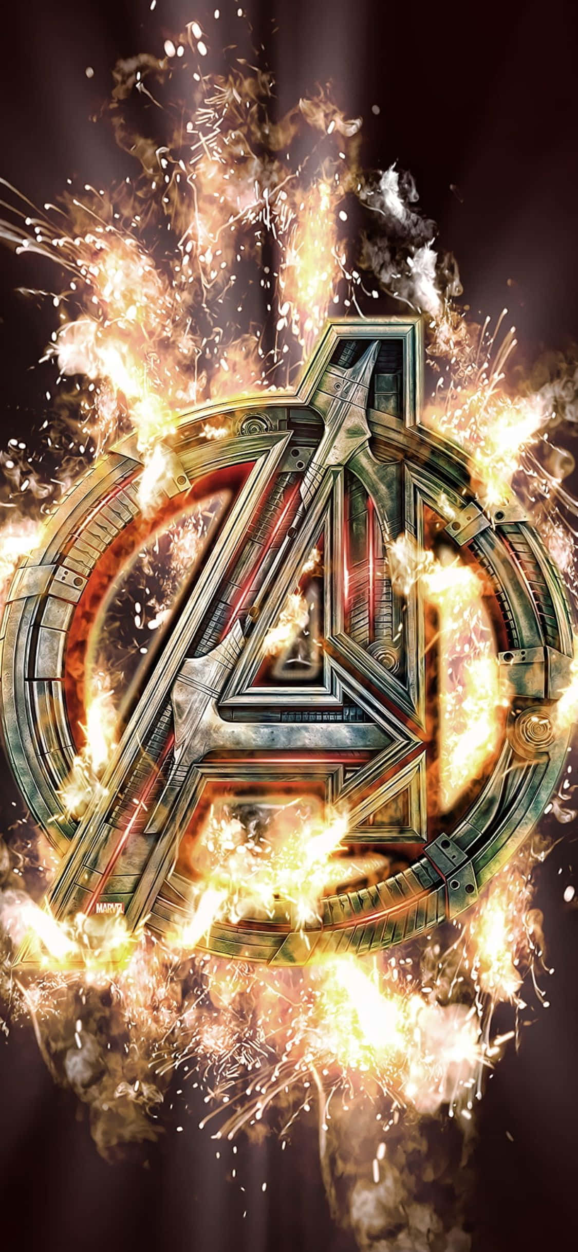 Металлический логотип на обоях iPhone XS Avengers Обои