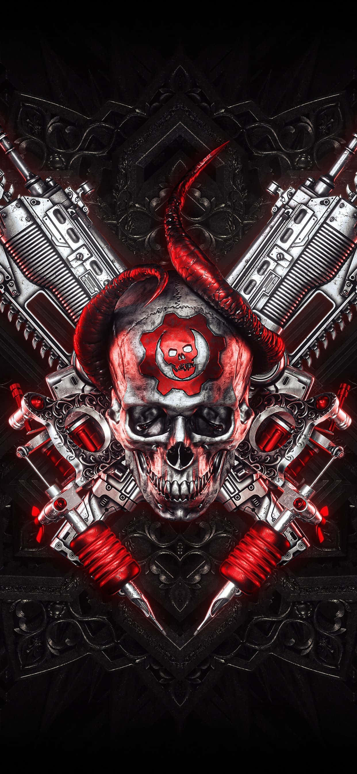 iPhone XS Max Gears Of War 5 красный и серебряный фон Обои