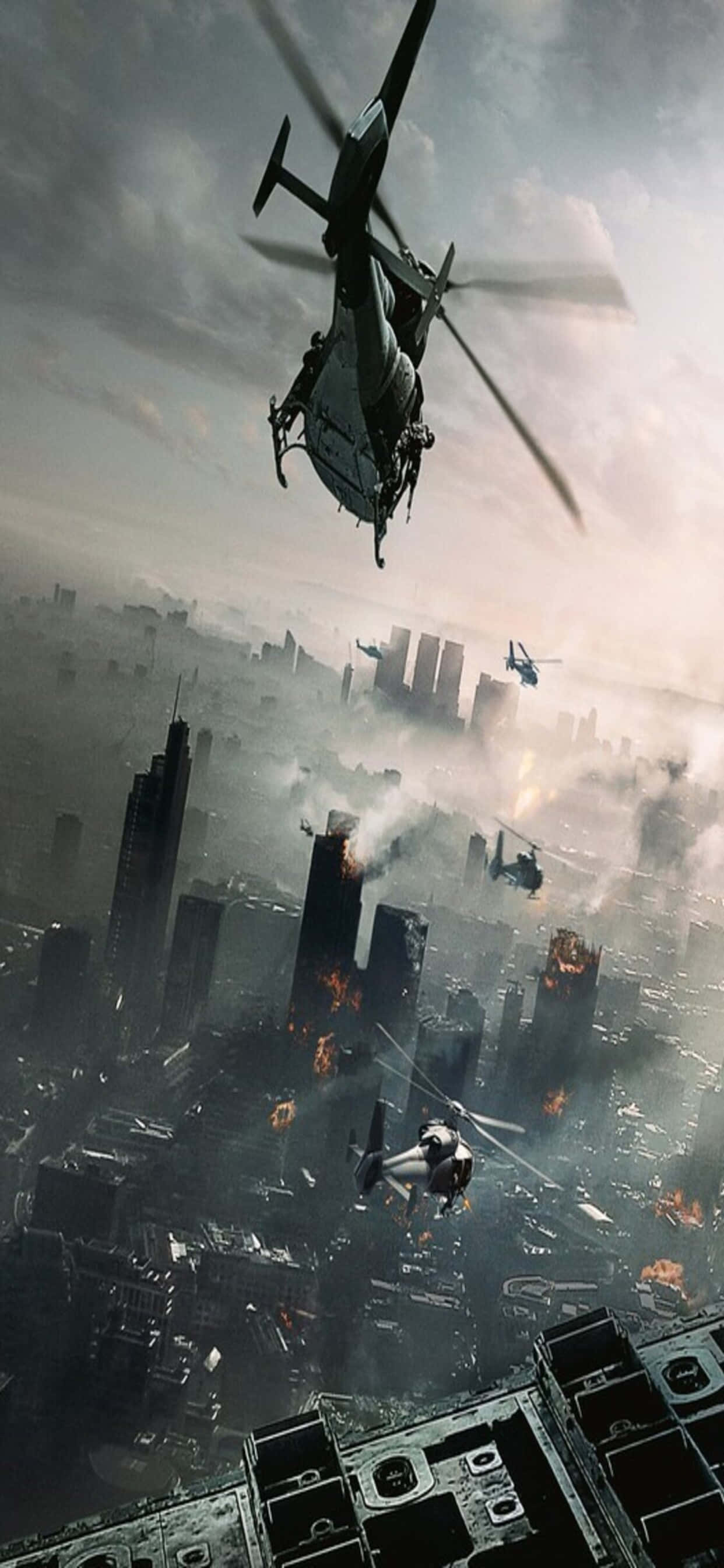 Вертолет над городом iPhone XS Max World War Z фон Обои