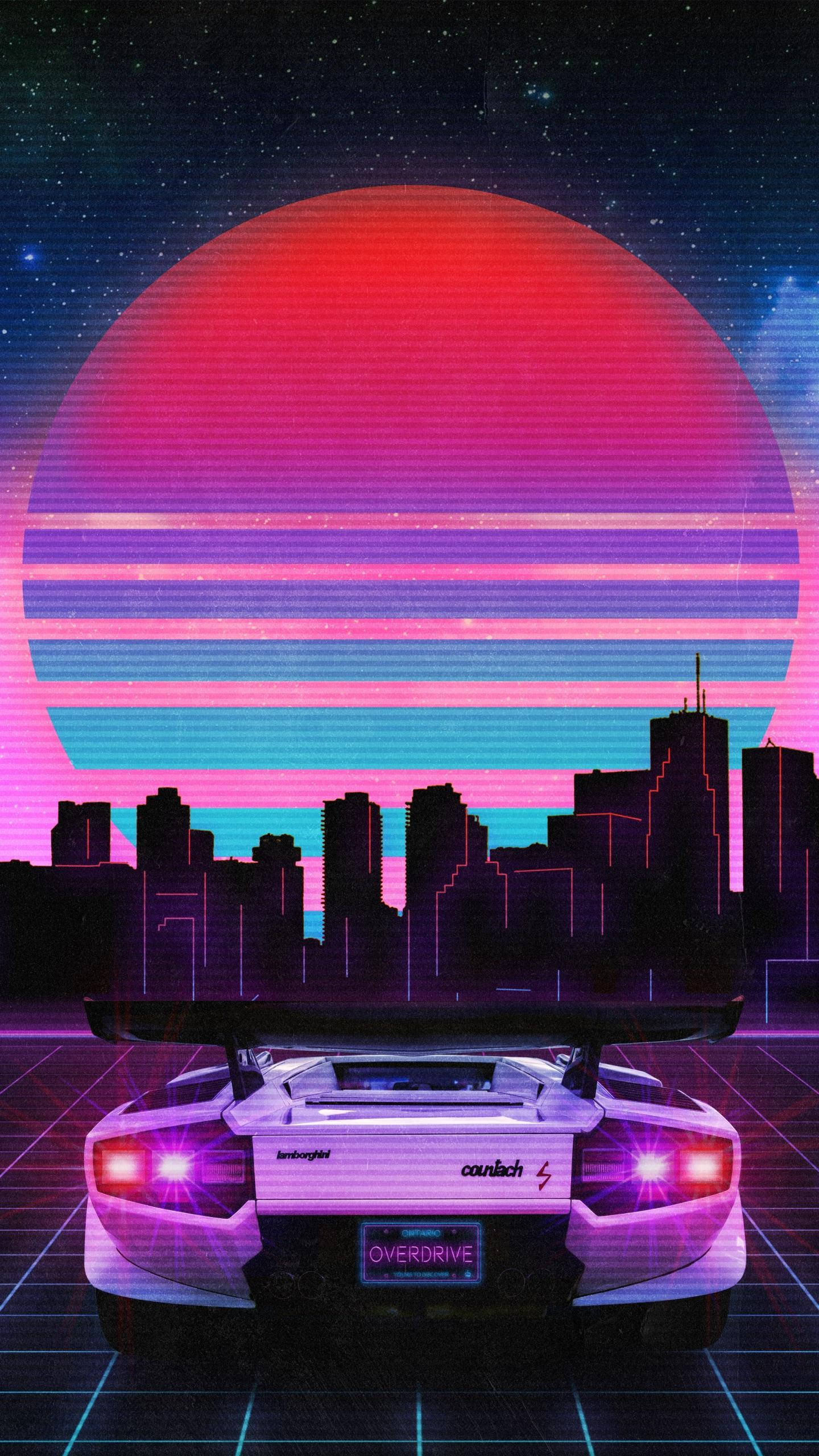 Эстетика JDM автомобиля с закатом в стиле Vaporwave Обои