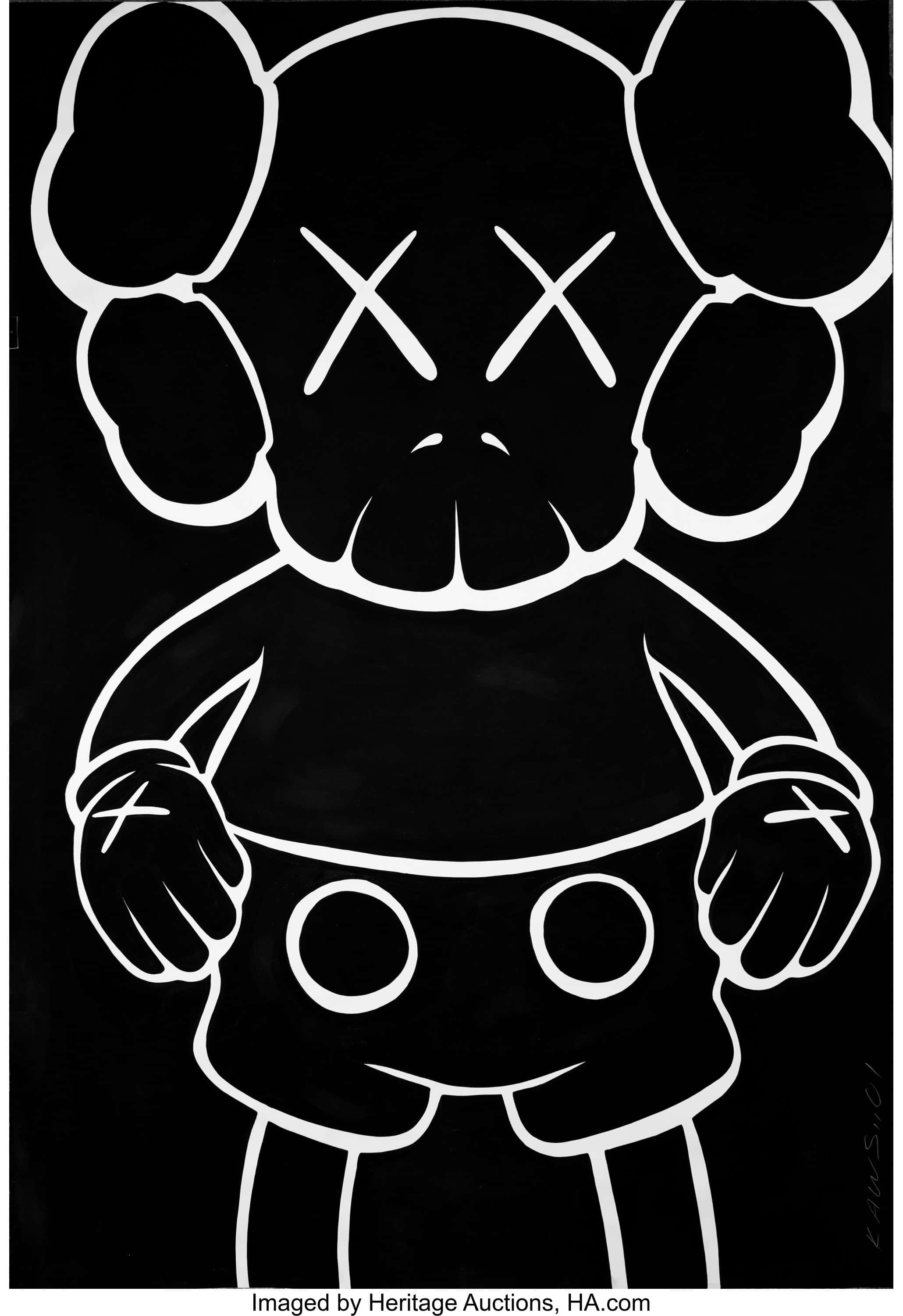 Культовый персонаж KAWS Companion, смотрящий вверх на фоне голубого неба Обои