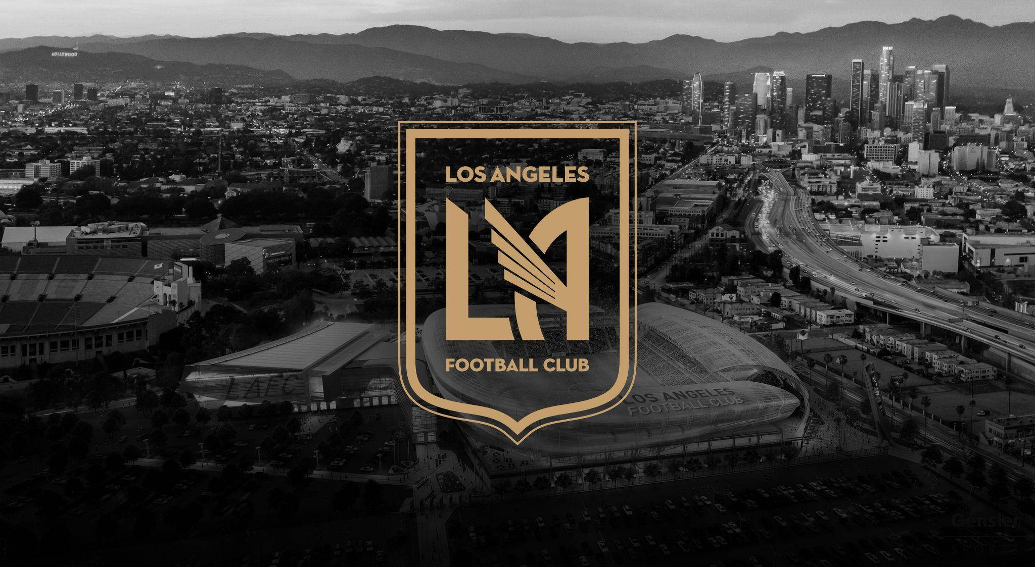 Логотип LAFC на фоне черно-белого города Обои