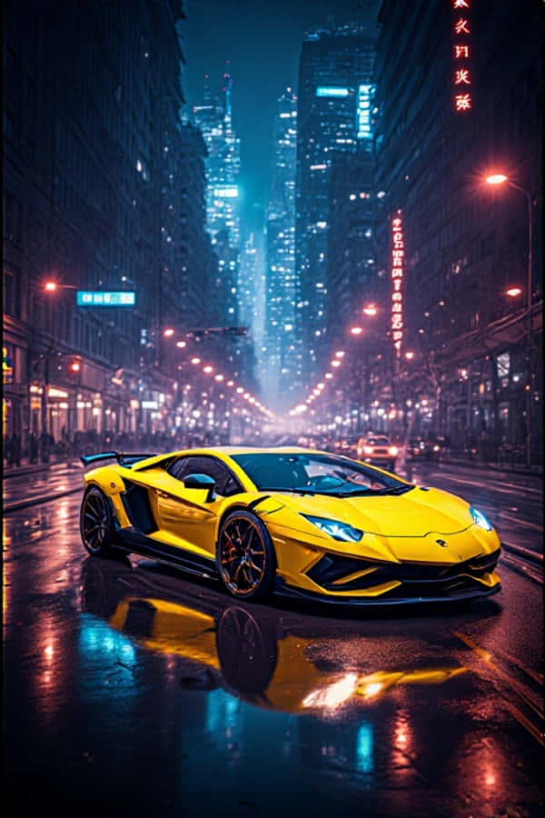 Неоново-желтый Lamborghini ночью футуристические огни города 4K портретные обои