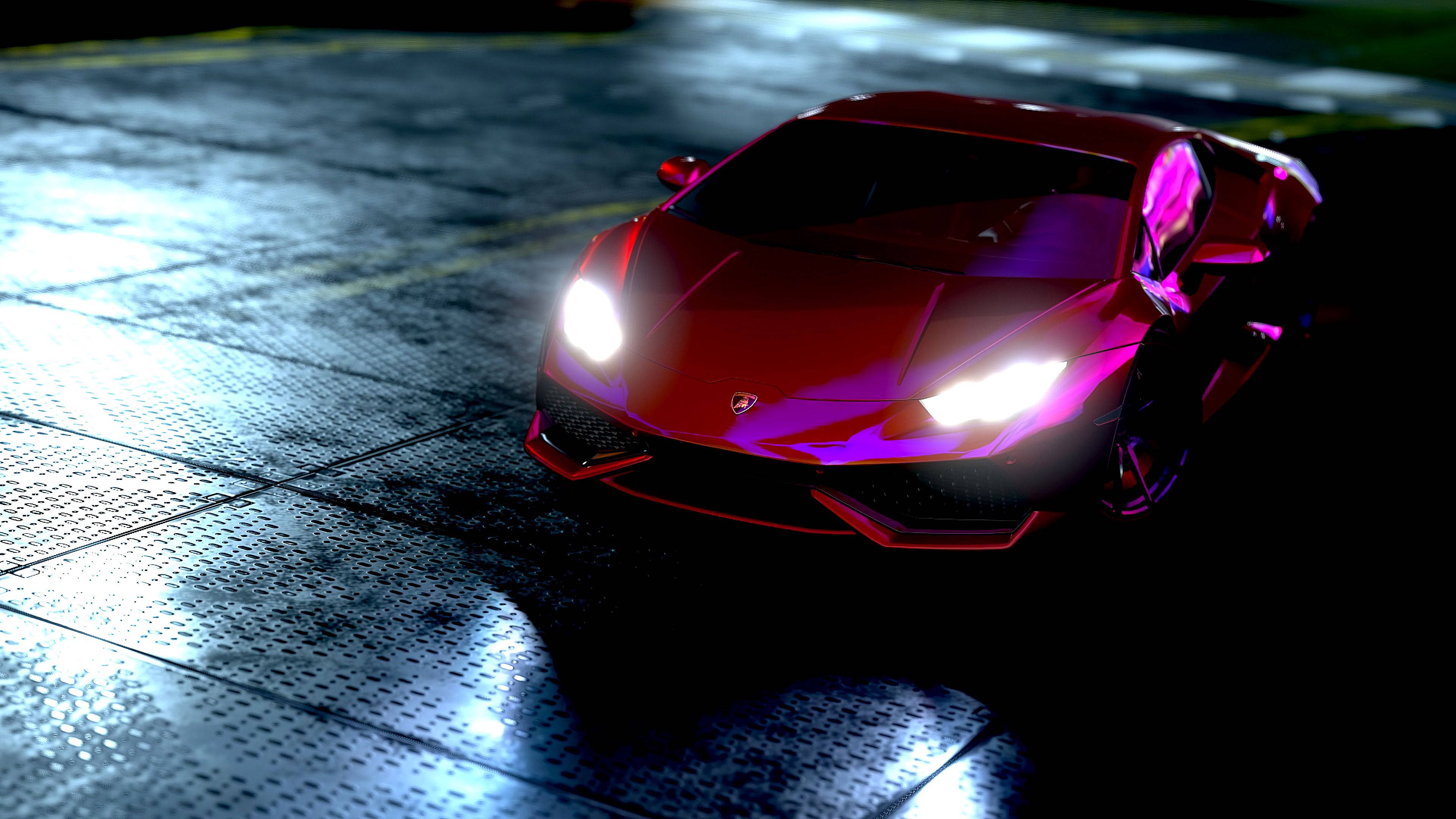 Яркие огни, большой город: красный Lamborghini Huracan с неоновым свечением Обои
