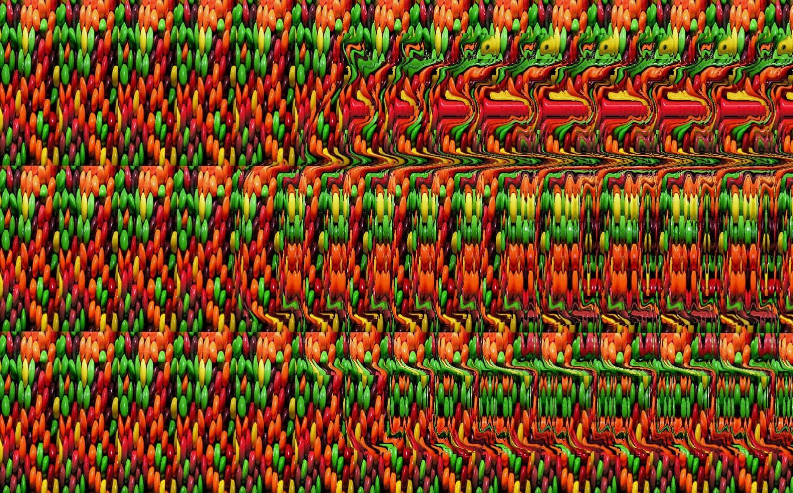 Абстрактный глитч-паттерн Magic Eye 3D стереограмма: красочный абстрактный узор из красного, зеленого и желтого Обои
