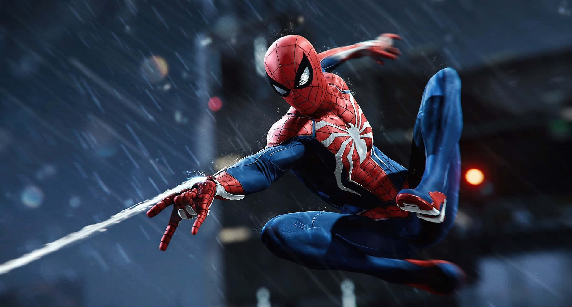Человек-паук из Marvel PS4 стреляет паутиной под дождем Обои