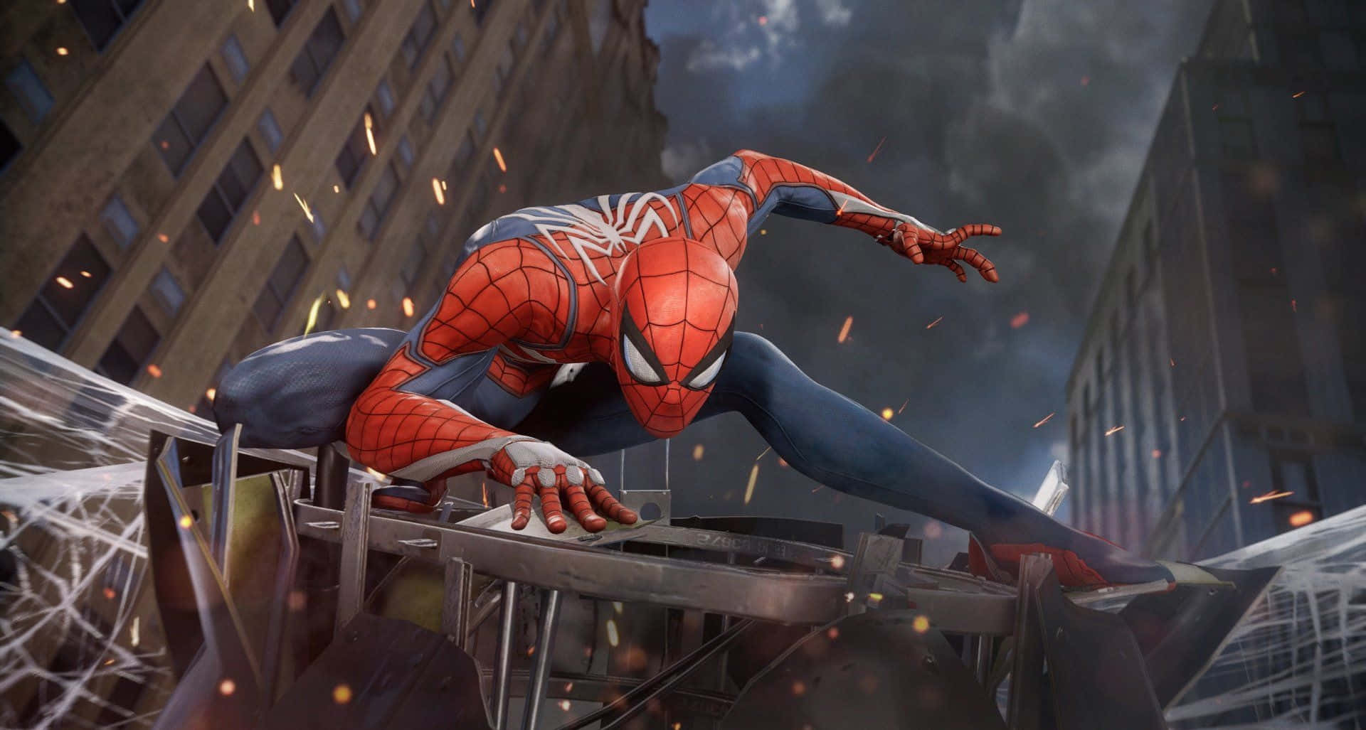 Marvel PS4 Человек-паук позирует на обломках Обои