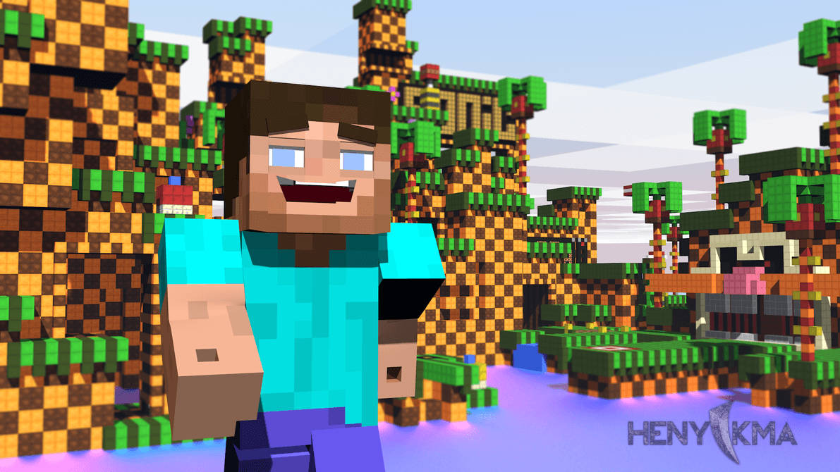 «Смеющийся Стив наслаждается солнцем в мире кубиков Minecraft» Обои